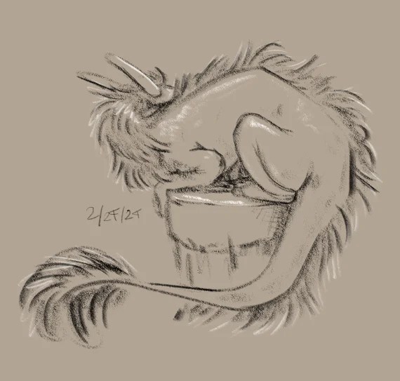 Digital black and white sketch of a dragon sitting atop a pillar with its back to the viewer.