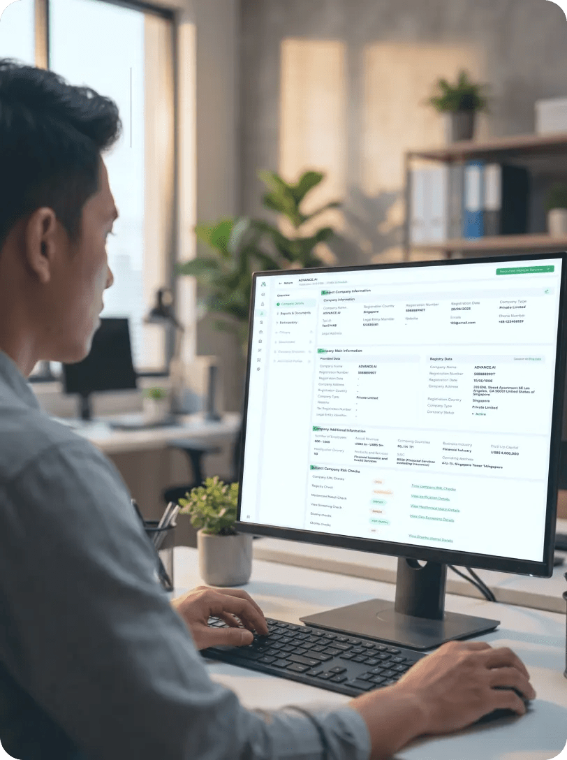 AdvanGuard Know Your Business dashboard showing company details, registry data and company risk checks