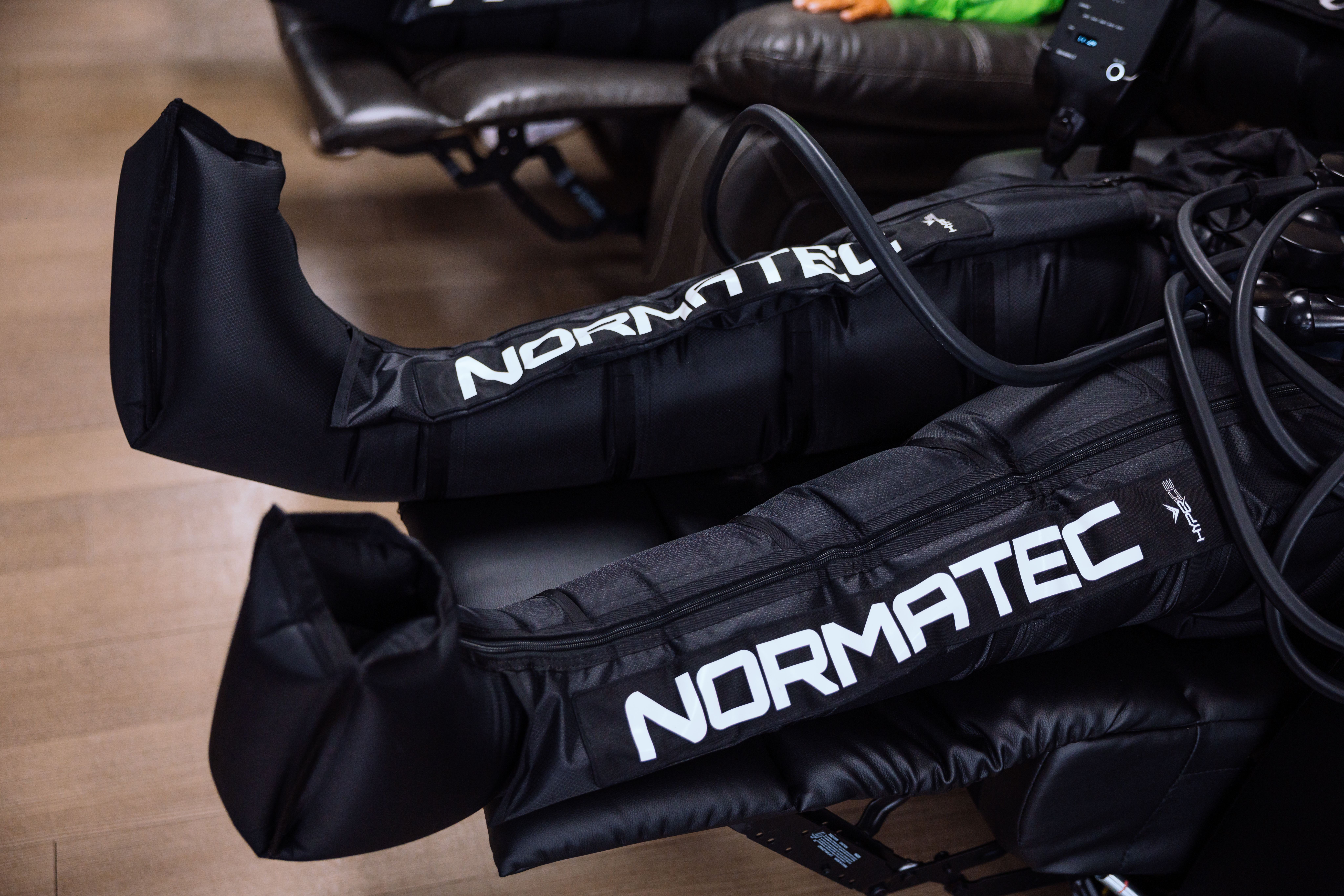 lose-up of Normatec compression therapy boots used for leg recovery at Advanced Recovery Cryotherapy.
