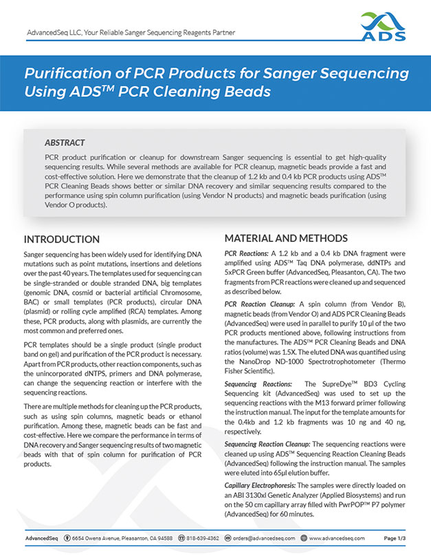 PCR cleaning beads for purification of PCR products