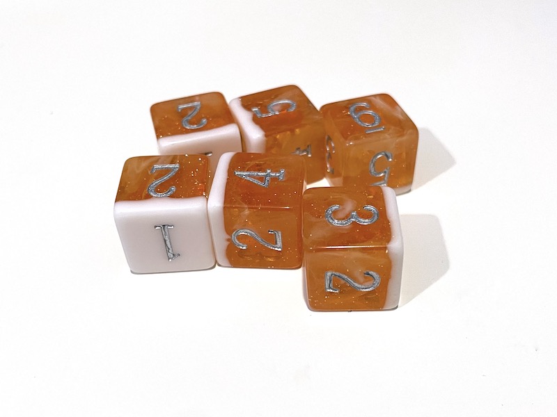 Orange Float Silver d6 dice set Adventure Dice
