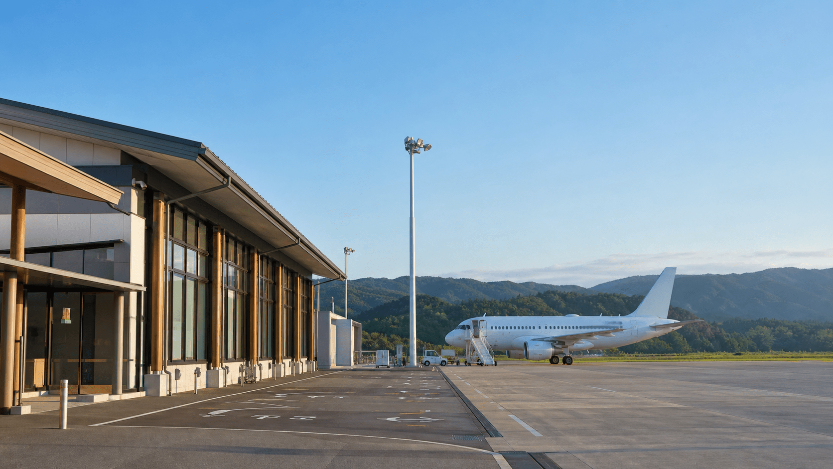 Aeroporto regional japonês com avião e montanhas verdes ao fundo