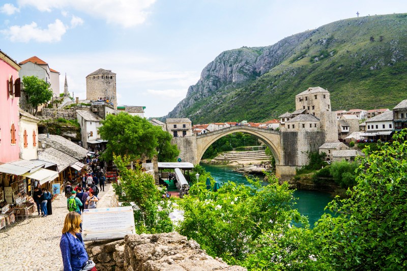 Mostar Old Market with the Stari Most, the bridge over the Neretva River