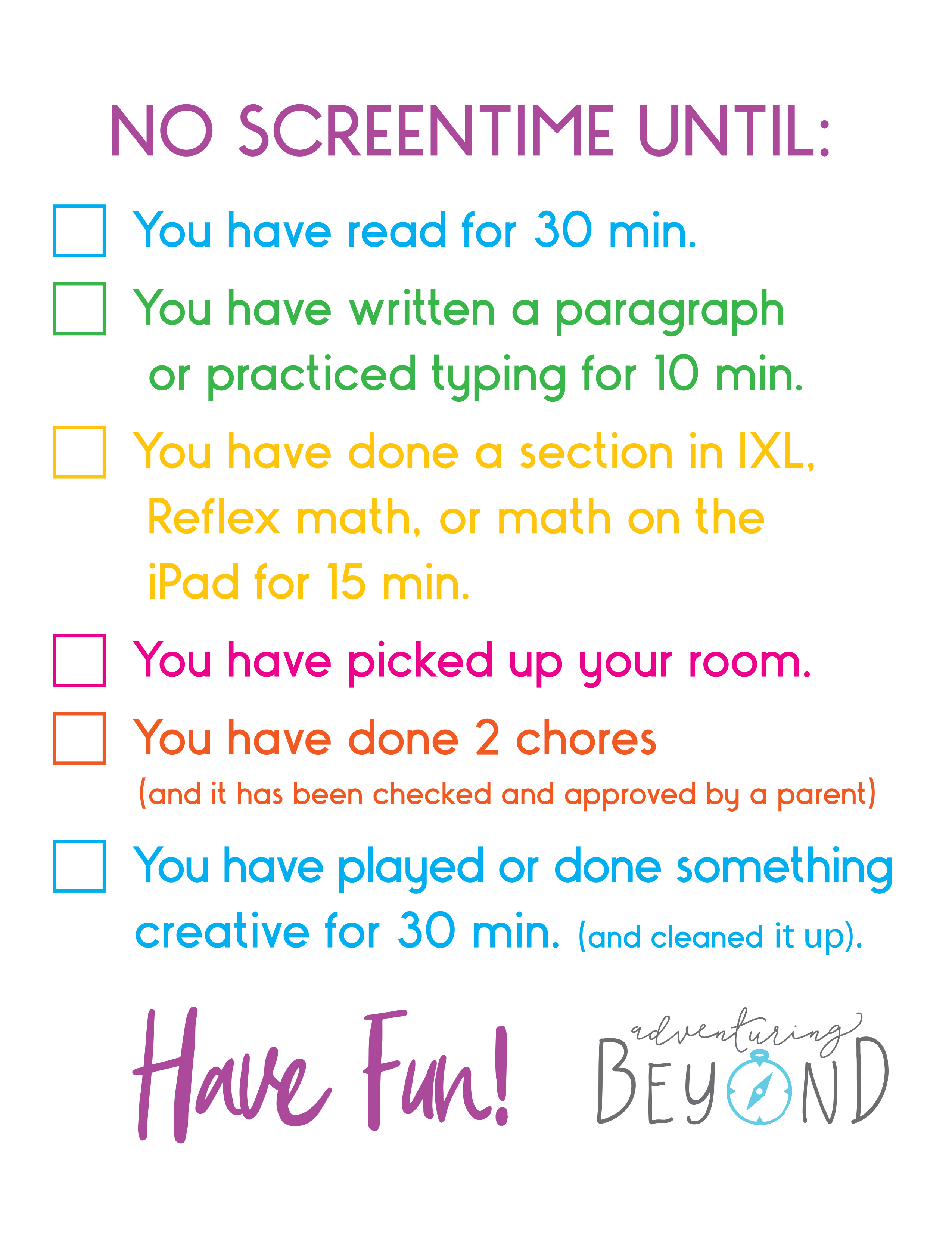 Make summer break go more smoothly with this Summer Screentime Rules for kids free printable. adventuringbeyond.com #screentimerules #summerchecklist #summerbreak #chorechart