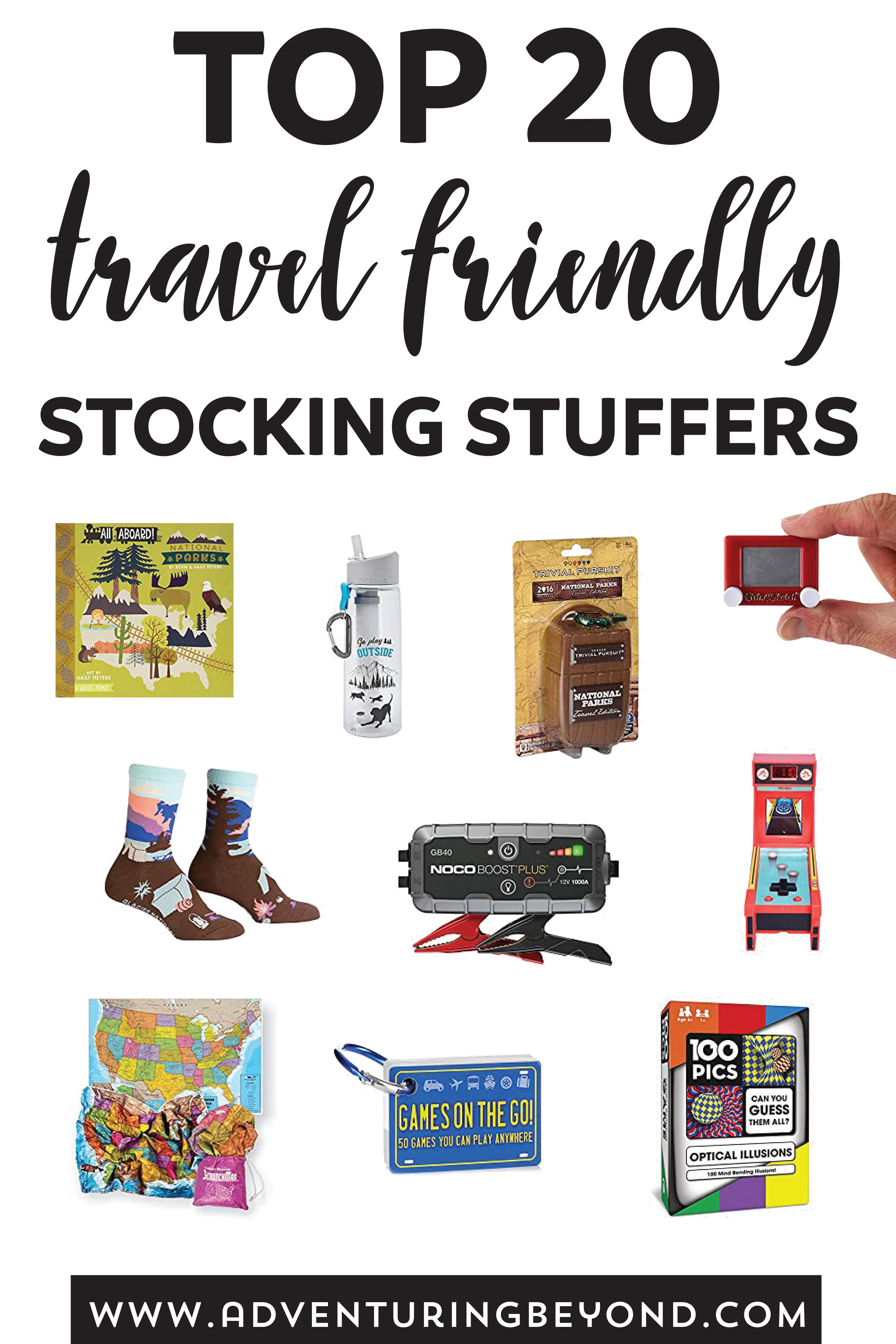 Our picks for the top 20 road-trip worthy stocking stuffers for anyone on your Christmas list. Great for the travel and national park lover in your life. #stockingstuffers #roadtrip #travelwithkids #christmaslist