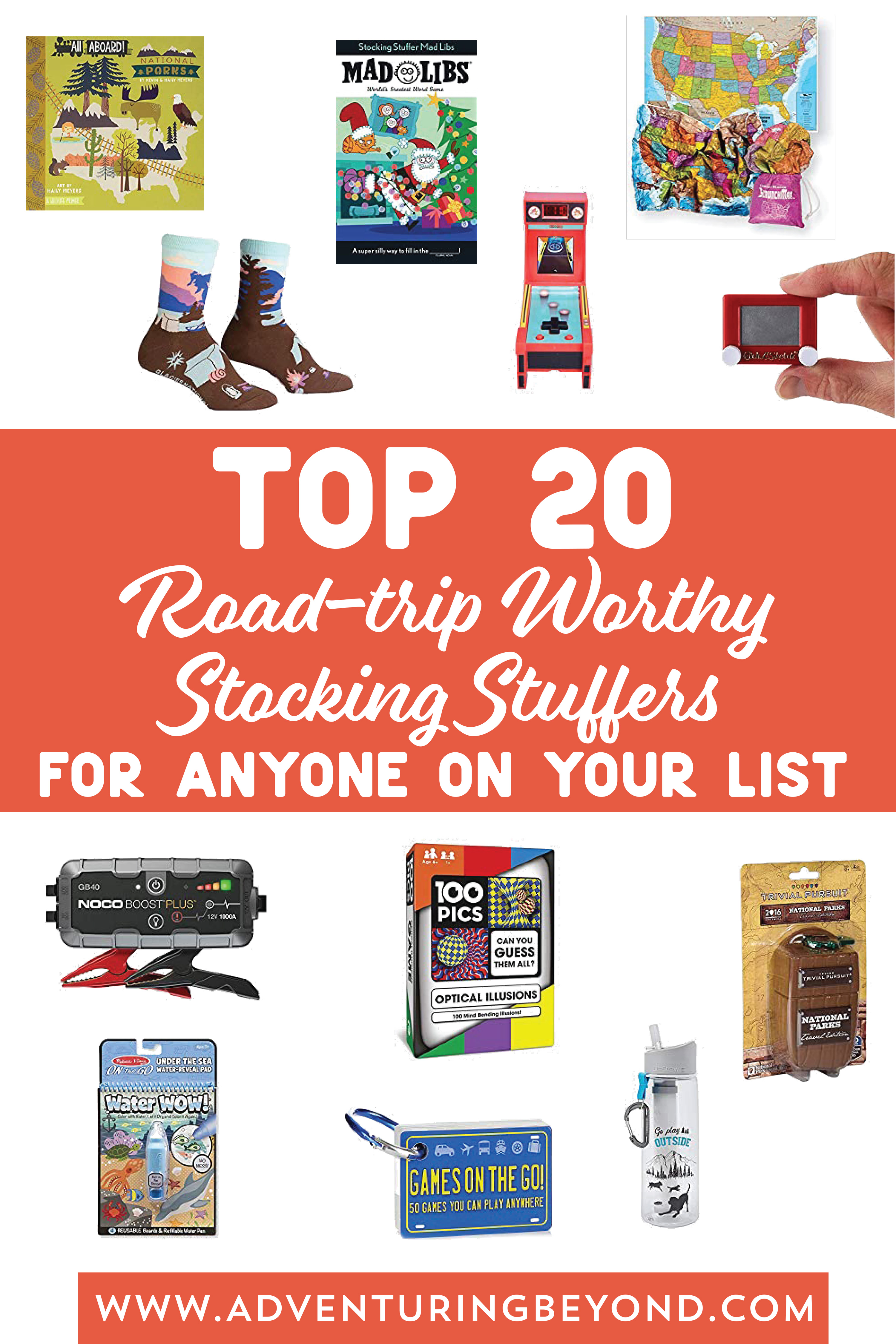 Our picks for the top 20 road-trip worthy stocking stuffers for anyone on your Christmas list.  Great for the travel and national park lover in your life. #stockingstuffers #roadtrip #travelwithkids #christmaslist