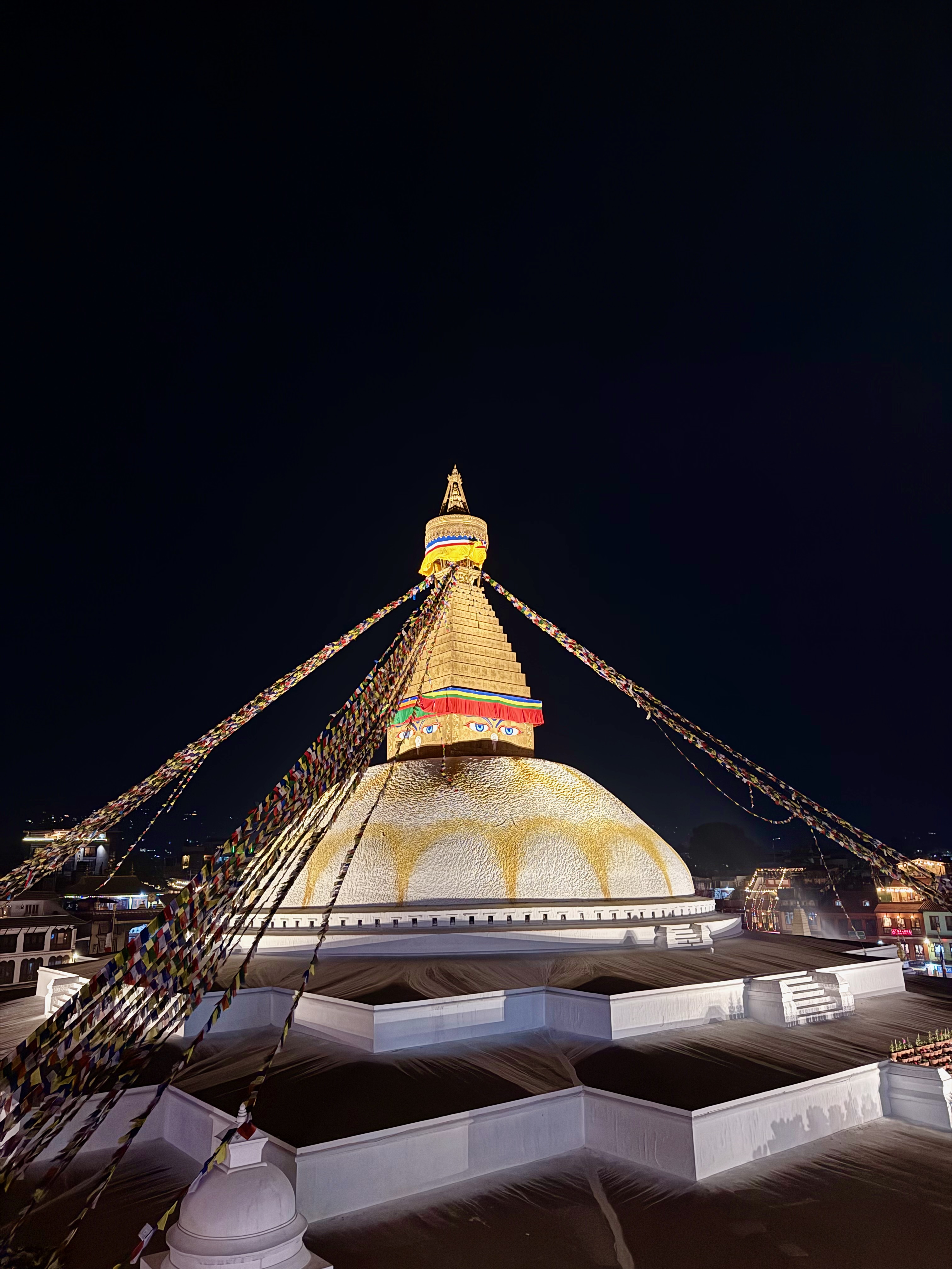 Boudhanath Stupa under the full moon in Kathmandu, Nepal.