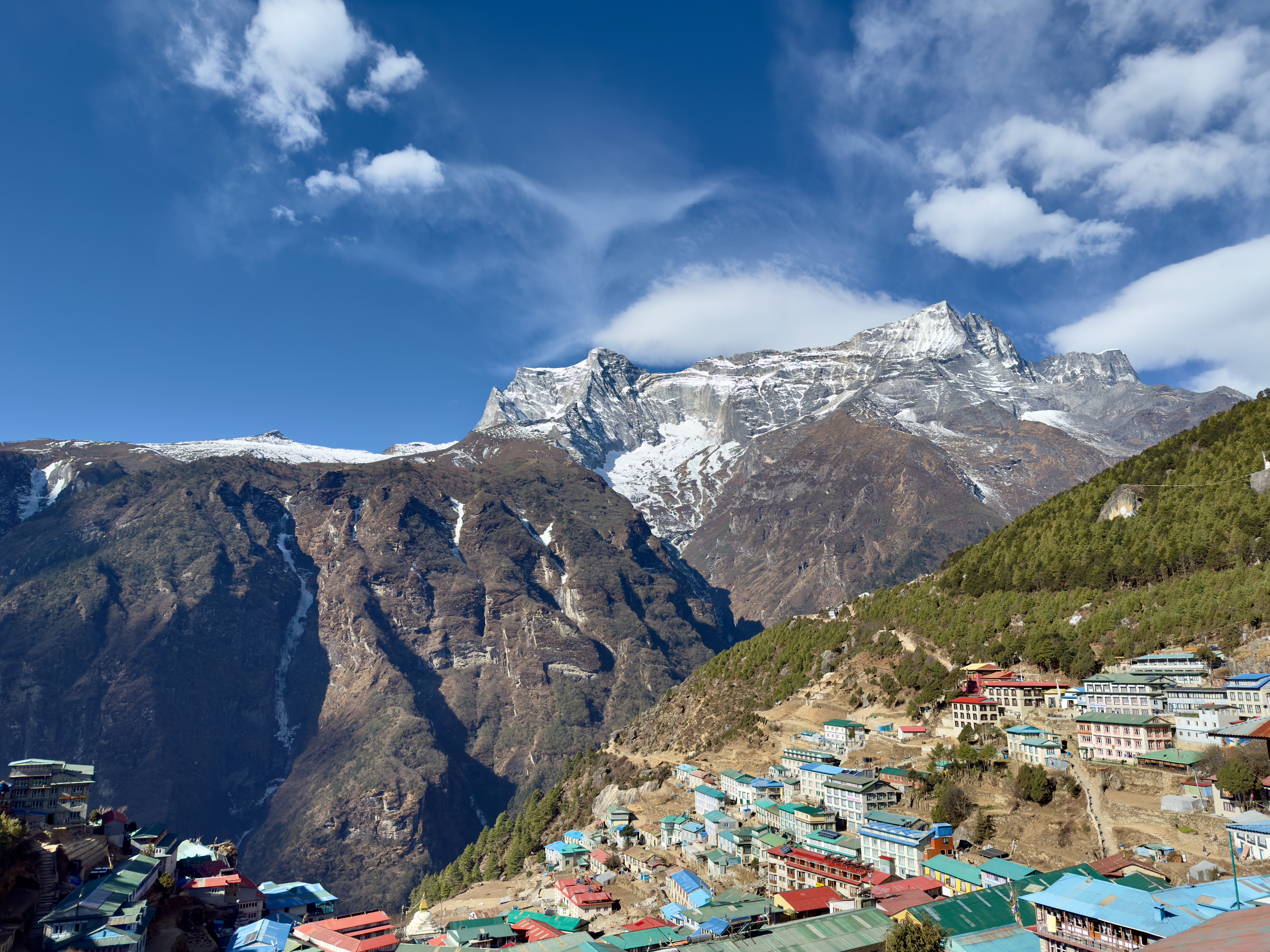 A view of Namche Bazaar with the mountains in the background.