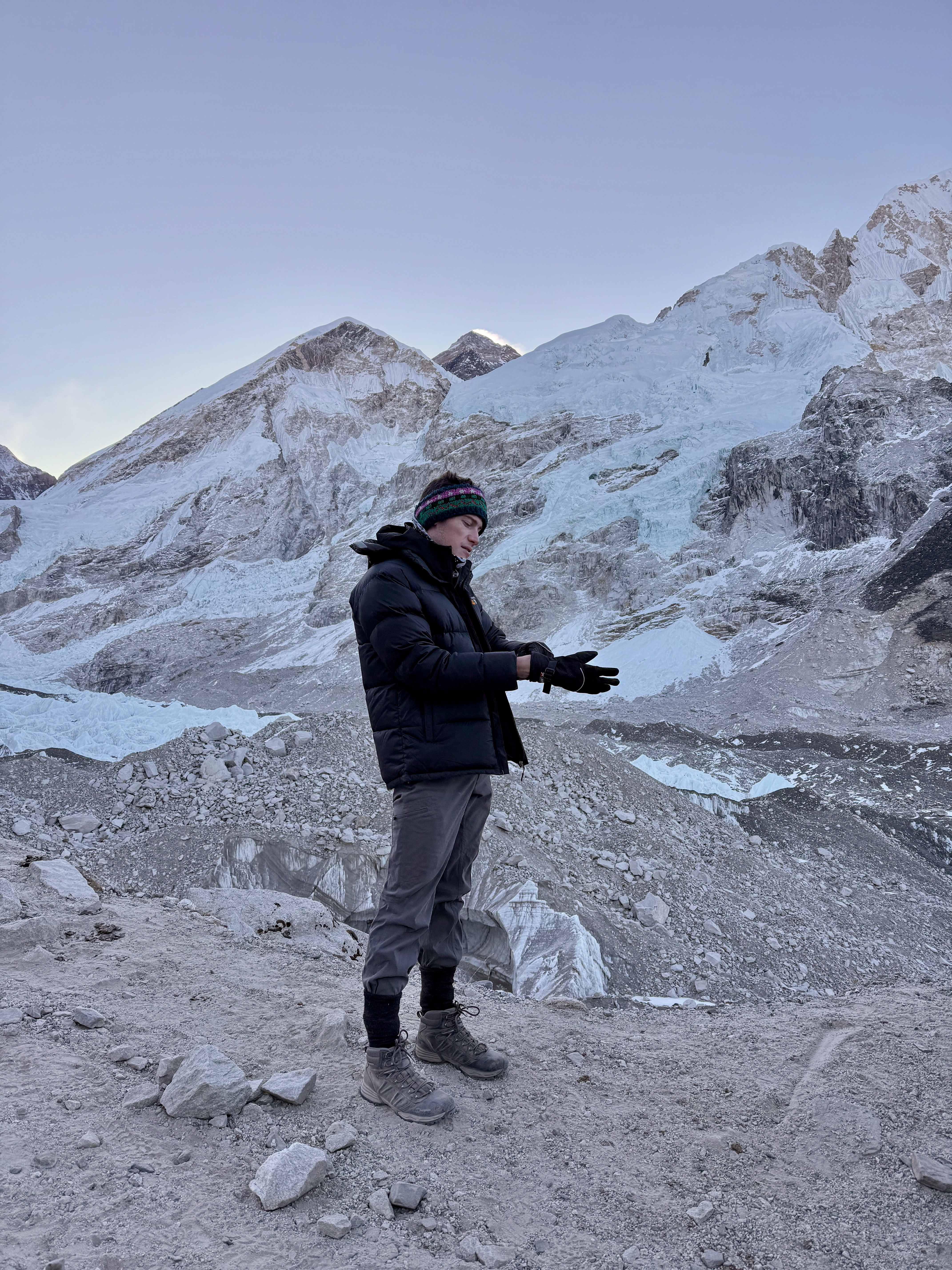 A hiker gearing up for Everest Base Camp