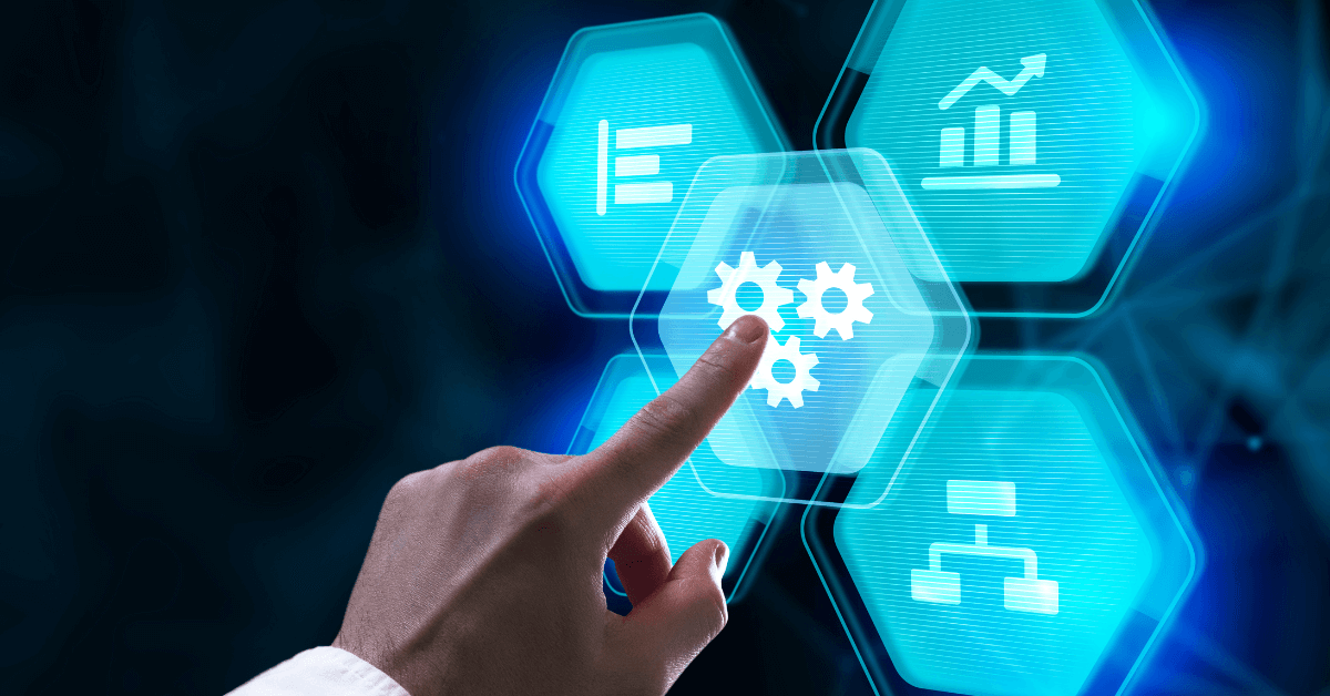 A person's hand interacting with a digital interface displaying various icons, including gears and representing automation and technological processes.