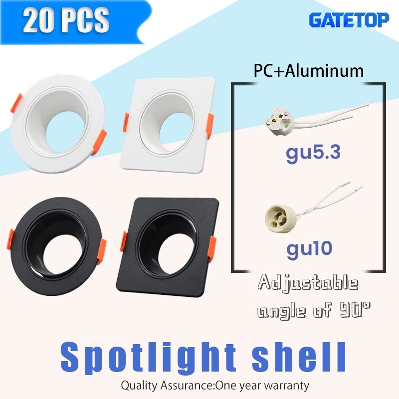 20PCS Adjustable Ceiling Spotlight Kit White Black Square Round Light Kit Gu10 Gu5.3 Base Cearmic Lamp Holder