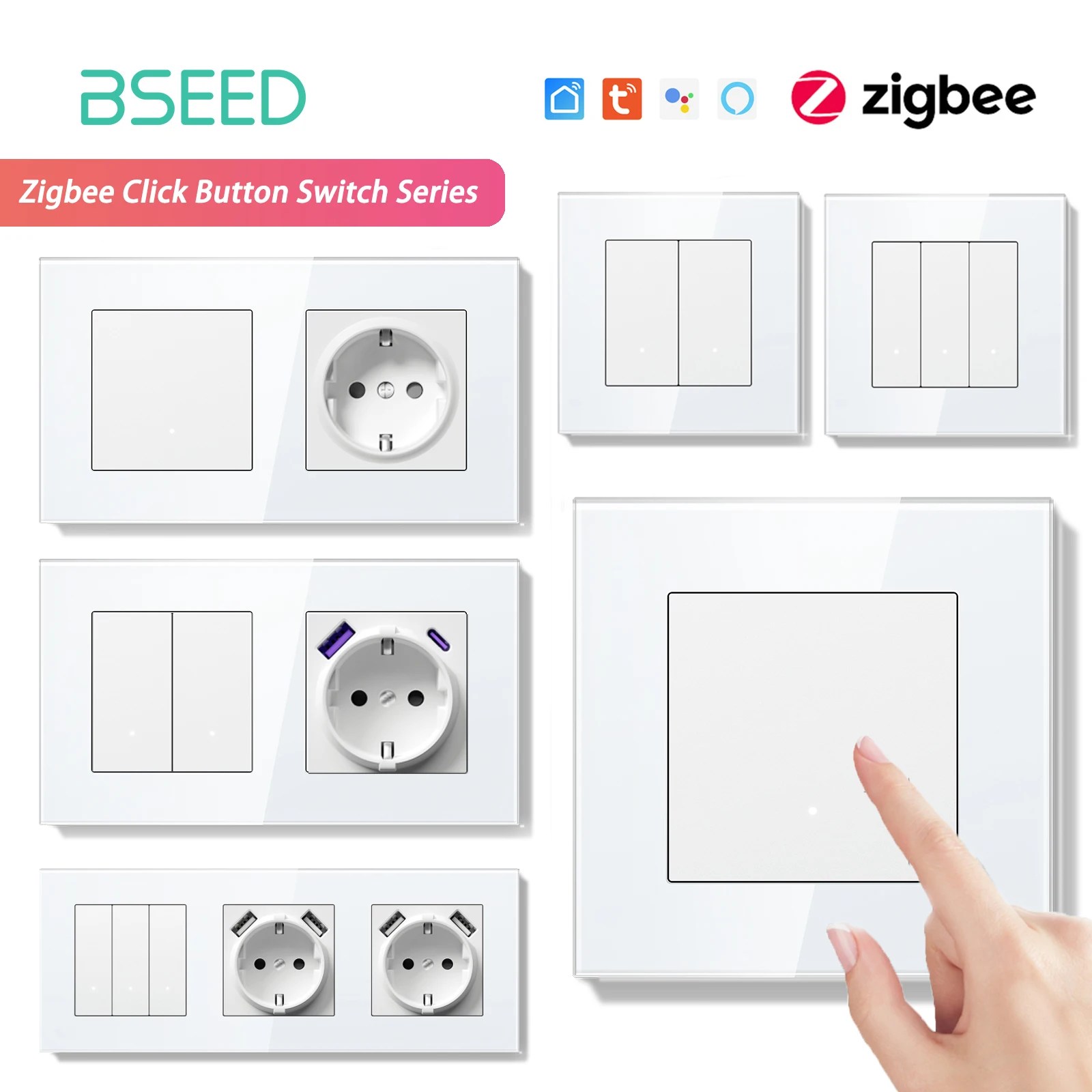 BSEED Zigbee Light Switch 1/2/3Gang 2Way Smart Click Button Switch Glass Panel White LED Indicator Tuya Smart Life Alexa Control