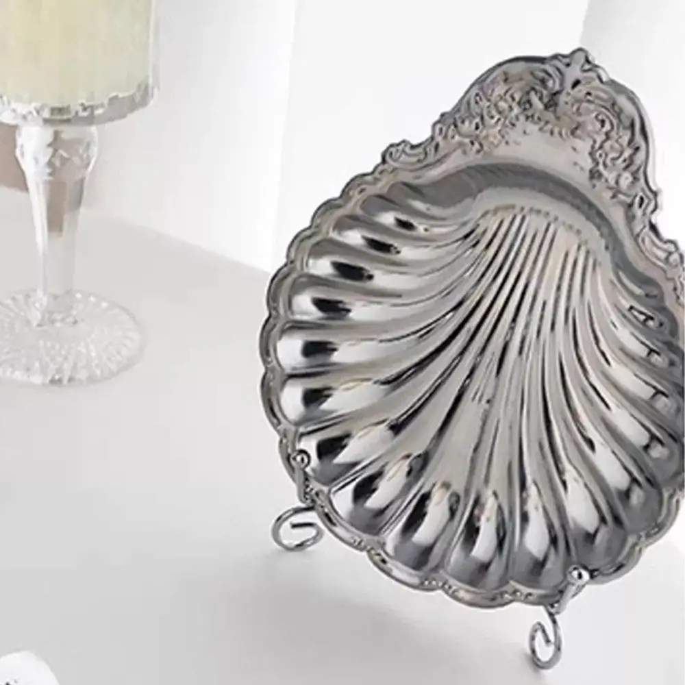 Vintage Dessert Plate Shell Shape Silver Color Embossed Food Tray Decorative Embossed Details Shell Shaped Dish Photo Props