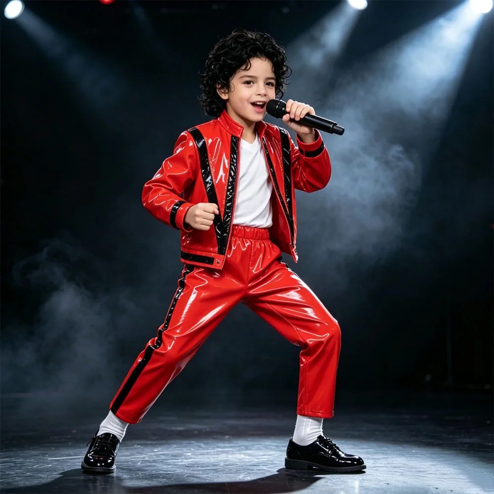 Kostium Michael Jacksona z filmu „Thriller”, w kolorze czerwono-czarnym, wykonany ze sztucznej skóry, w stylu retro z lat 80., idealny do przebrania za legendarnego piosenkarza popa na Halloween. Kostium Michael Jacksona z filmu „Thriller”, w kolorze czerwono-czarnym, wykonany ze sztucznej skóry, w stylu retro z lat 80., idealny do przebrania za legendarnego piosenkarza popa na Halloween.