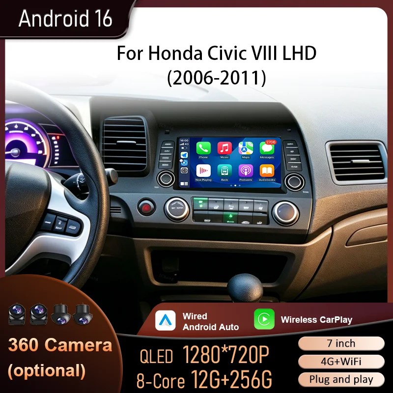 Rádio Multimídia Automotivo de 7 Polegadas com Android 16, Bluetooth 4G, WiFi, GPS, Tela IPS Touch, FM RDS e Tela Dividida para Honda Civic VIII LHD 2006-2011