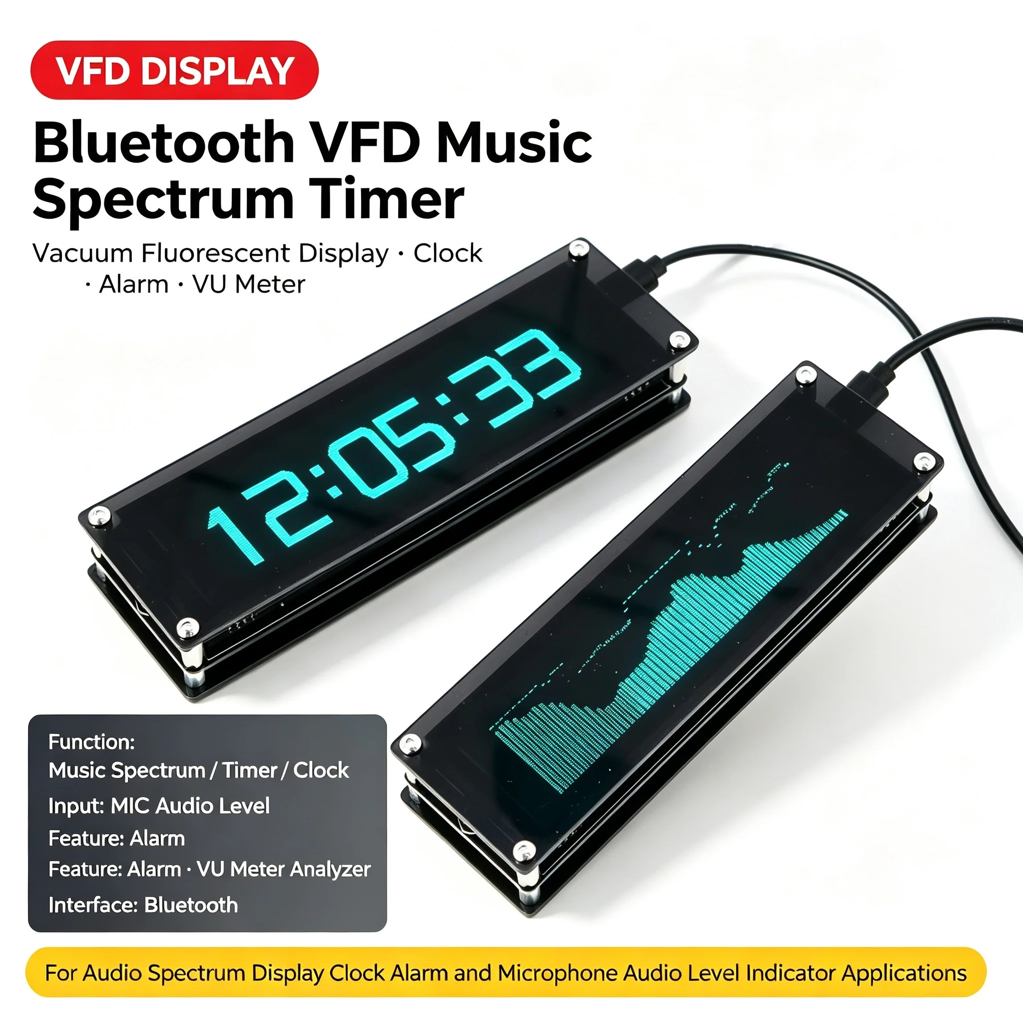 DYKB VFD Music Spectrum Analyzer VU Meter Audio Level Indicator Bluetooth MIC Input Car Home Stereo Display Clock Alarm Timer