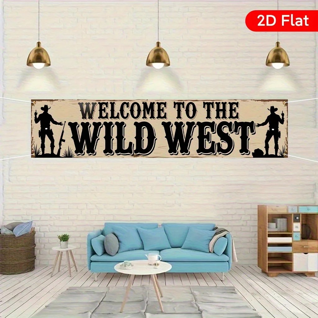 Wild West Theme Party Decorative Banner - Large Rectangular Western Illustration Indoor Outdoor Event Wall Hanging Backdrop
