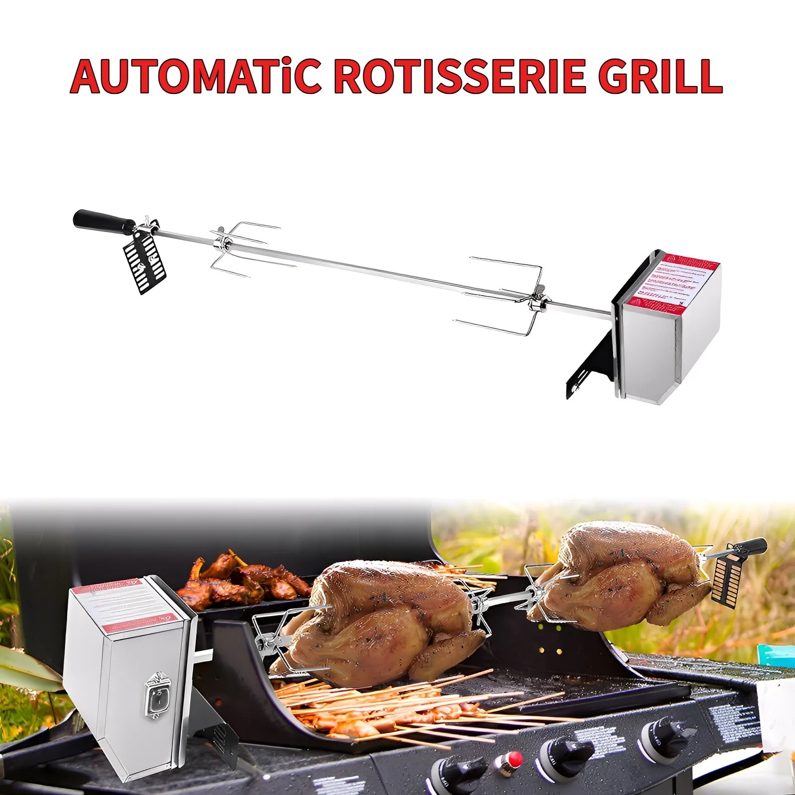 Rotisserie Grill Kit with 4W Electric Motor Automatic Rotating BBQ Bracket Stainless Steel Universal Heavy Duty Kit