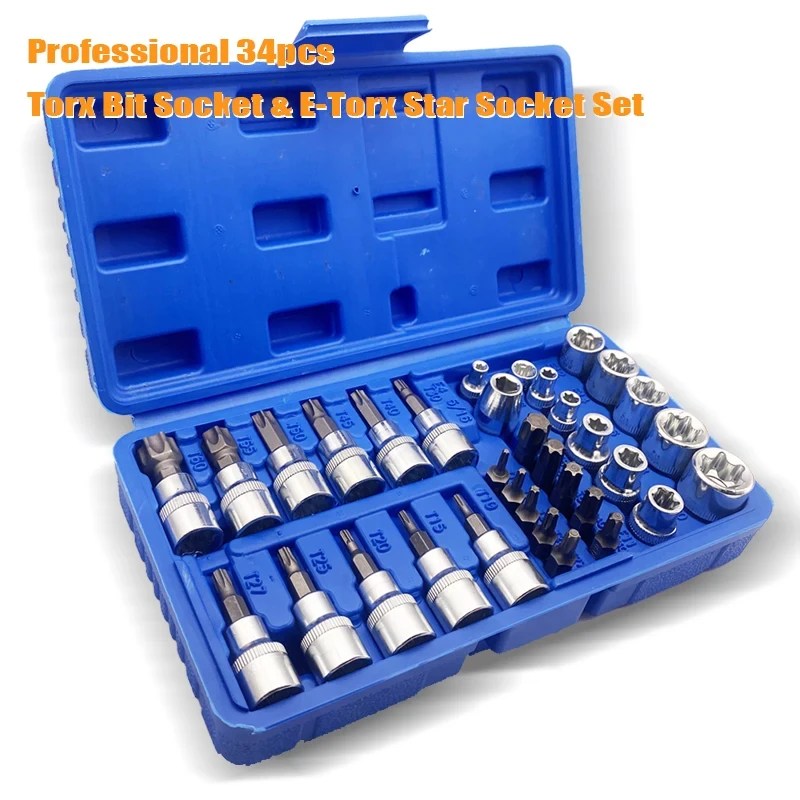 34PCS Torx Bit Socket & E-Torx Star Socket Set 1/4