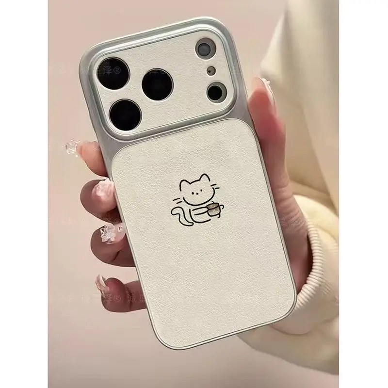 Creative and Simple Cute Leather Pattern Cat Large Window TPU Phone Case Suitable for IPhone 16 17 Pro Max 14 15 Plus Rear Cover