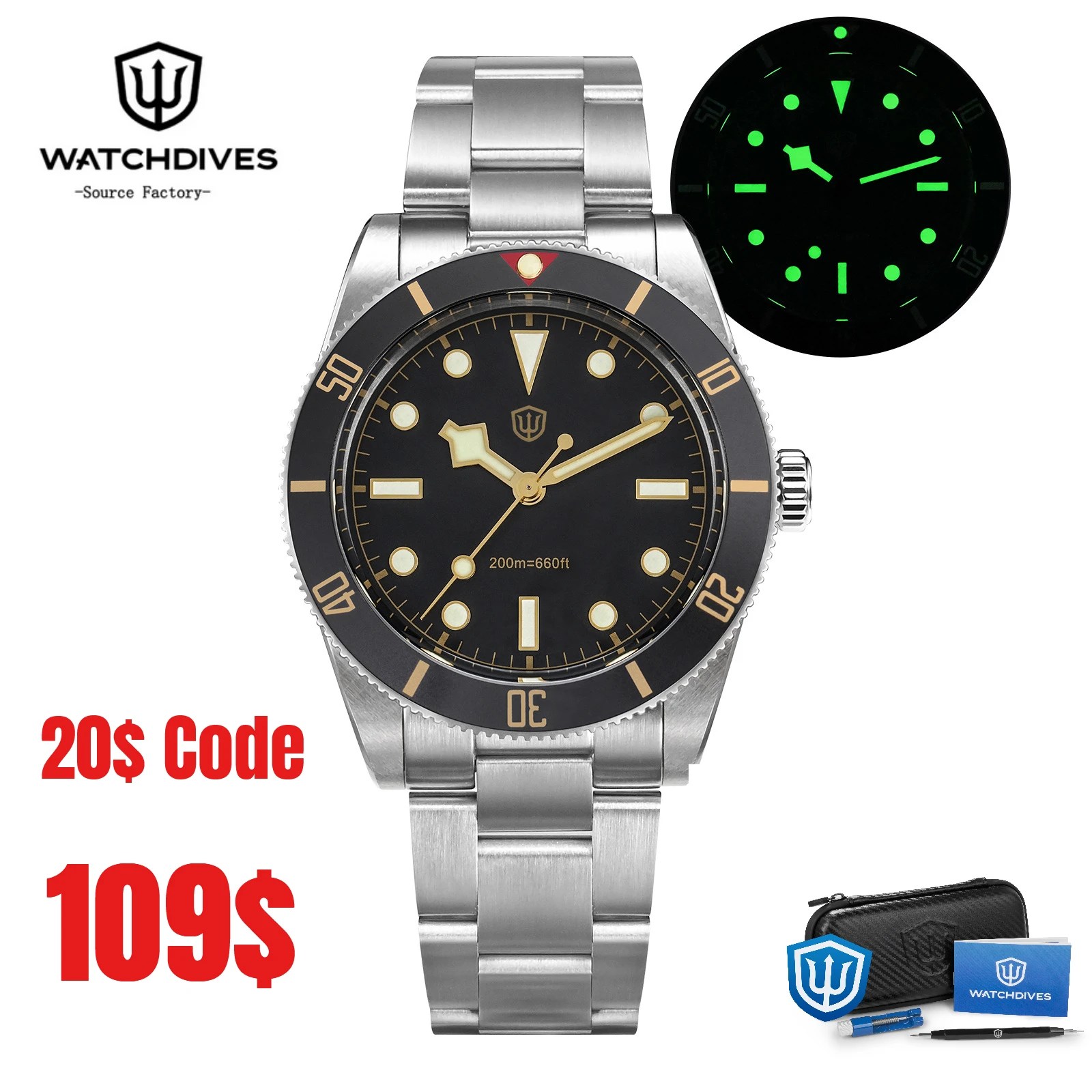 Watchdives WD7922 BB54 ウォッチ VH31 スイープセカンドムーブメント サファイアクリスタル 20bar 防水 C3 夜光 37mm ヴィンテージ腕時計