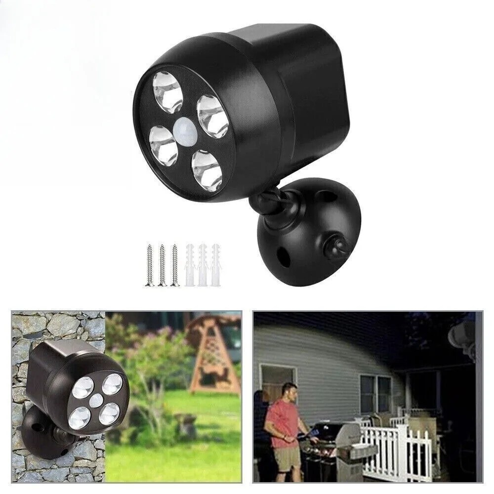 PIR Motion Sensor Spotlight,4 LED Battery Powered Security Light, IP65 Waterproof Outdoor Garden Wall Light