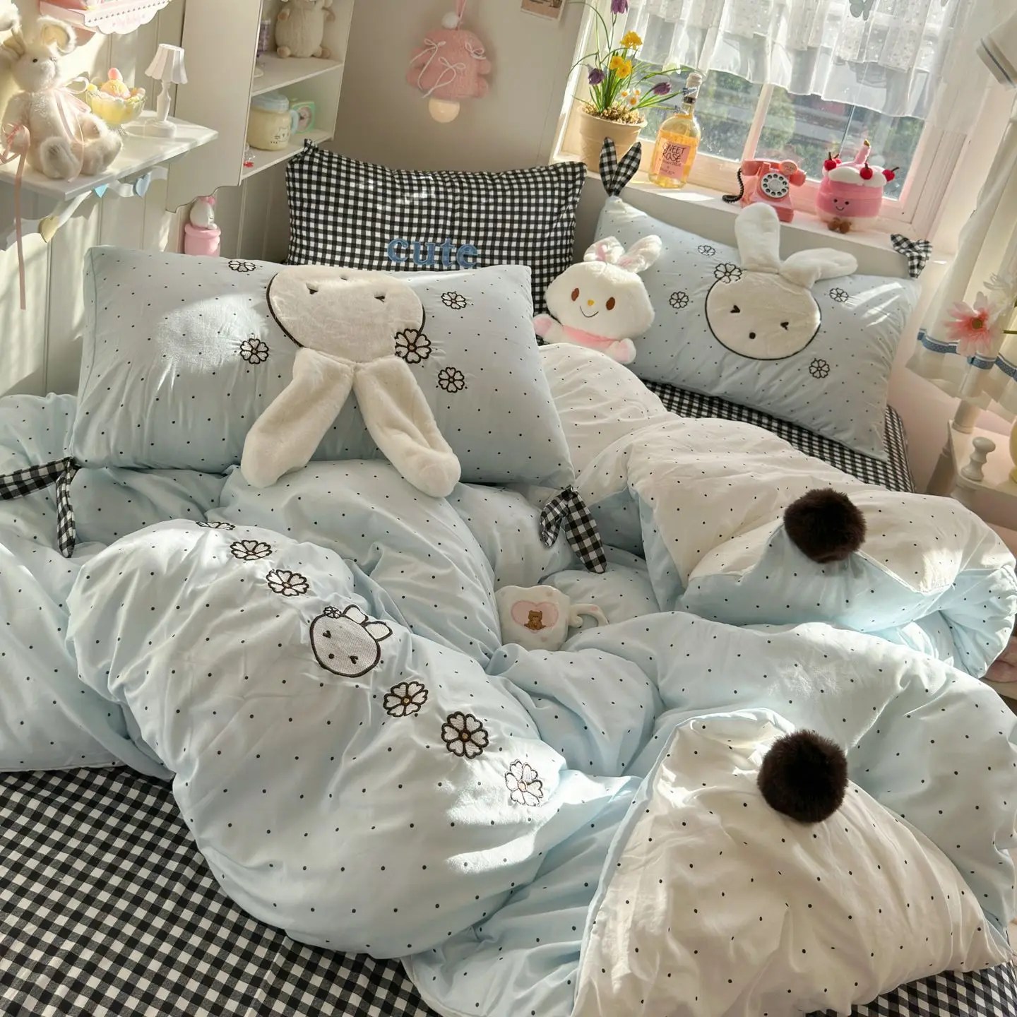 Appliqué Mimi Miffy Gewaschene Baumwoll-Bettwäsche Vierteiliges Set Mädchen Cartoon Bettbezug Bettlaken Schlafsaal Dreiteiliges Set Cartoon