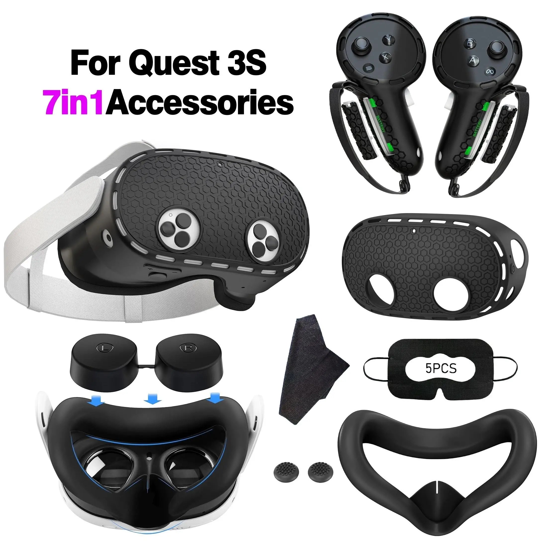 Silicone Cover Set for Meta/Oculus Quest 3S, VR Protector Face Cover with Controller Grips & Knuckle Straps Protector & Lens Pro