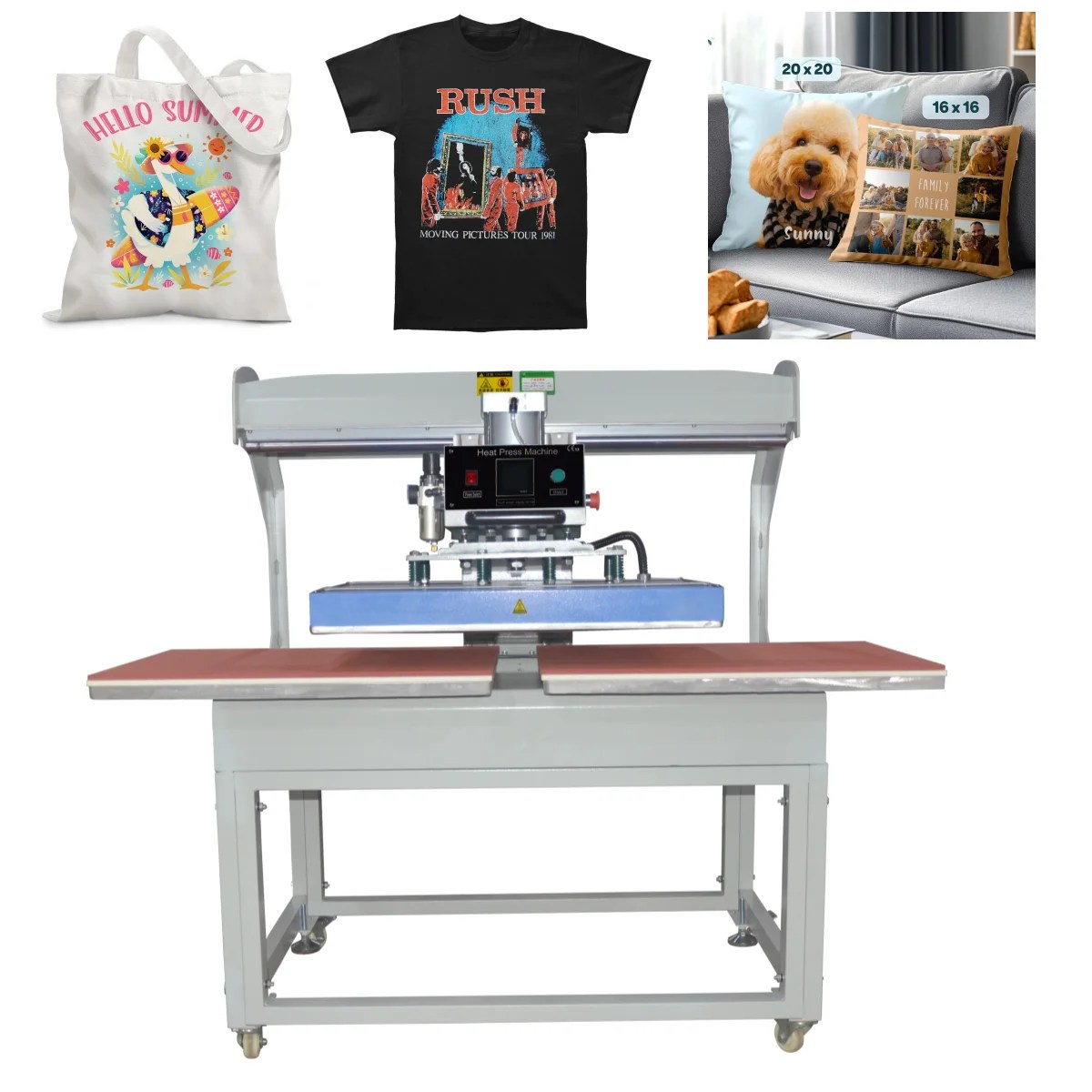 Pressa Termica Pneumatica 60x80CM con Apertura Automatica a Doppia Stazione per Sublimazione Diretta su Tessuti, T-shirt, Cuscini, Maglie Pressa Termica Pneumatica 60x80CM con Apertura Automatica a Doppia Stazione per Sublimazione Diretta su Tessuti, T-shirt, Cuscini, Maglie