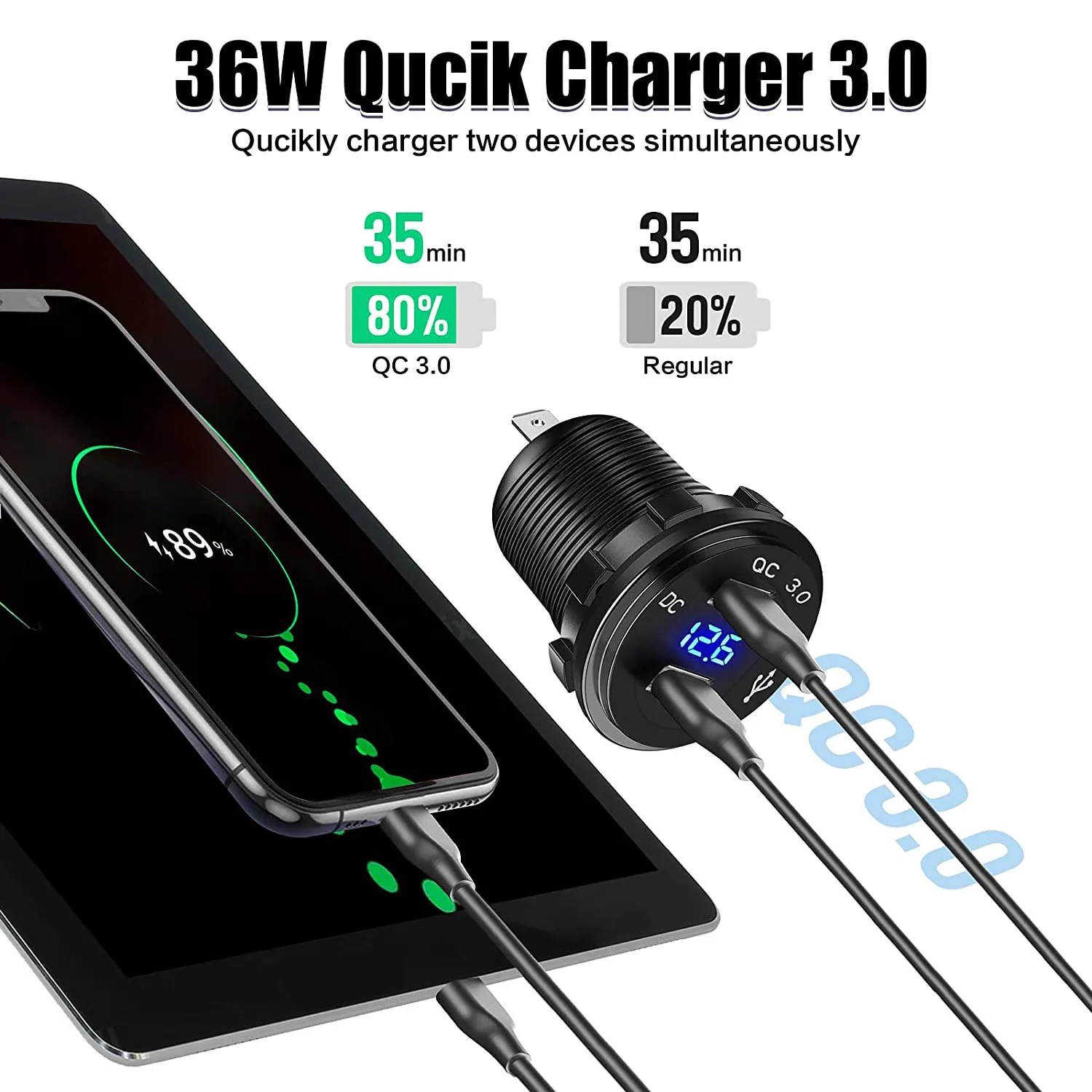 Portable Tent Type Panel Two Hole, Quick Charge 3.0 Dual USB Car +12V/24V Socket For Car Motorcycle Boat Marine ATV RV