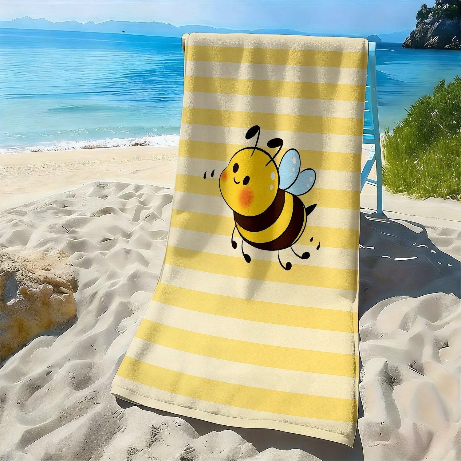 1pc, Cartoon Little Bee Style Soft Beach Towel, Striped Print Pattern, Microfiber Bath Towel, Quick-Drying, Super Absorbent