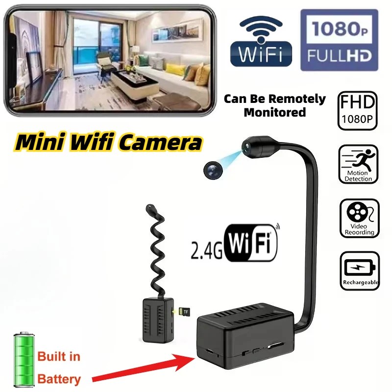 Flexible WLAN-Minikamera mit Objektivkabel, HD 1080P, Bewegungserkennung, USB-Aufladbar, Kabellose Mikro-Sicherheitsüberwachungskamera