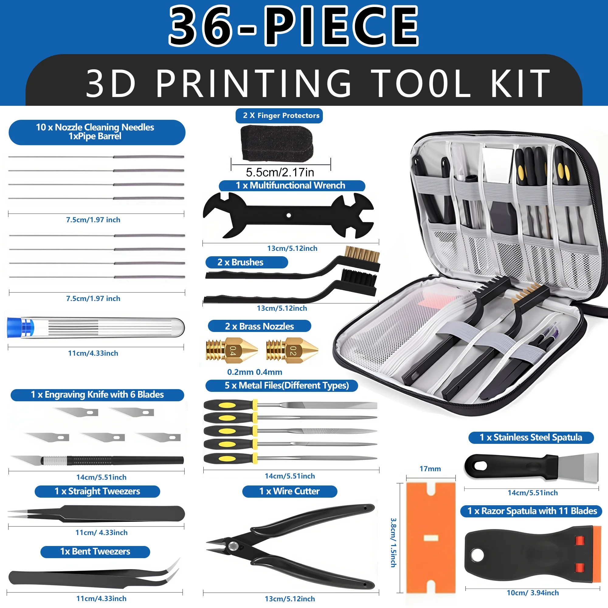 36Pcs 3D Printer Tools Kit with Storage Case, Scrapers Deburring Tool Files Brushes Hand Drill Tweezers for Bambu Lab Ender Kobr