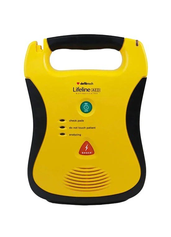 Defibtech Lifeline AED with bright yellow casing, single-button operation, and voice prompts for rapid response in cardiac arrest emergencies.