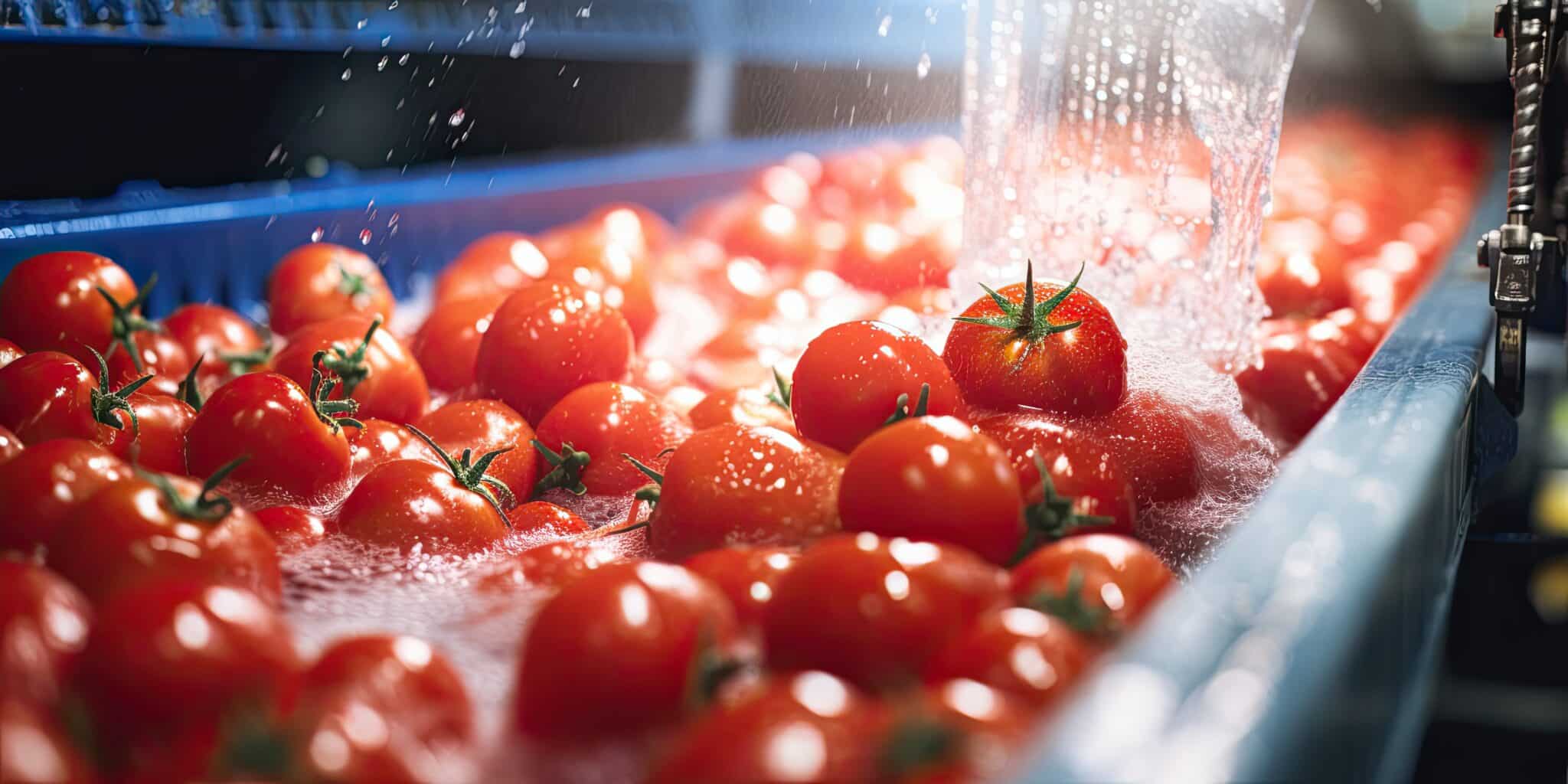 The process of washing tomatoes in the factory industry wide angle lens realistic bright lighting white copy space