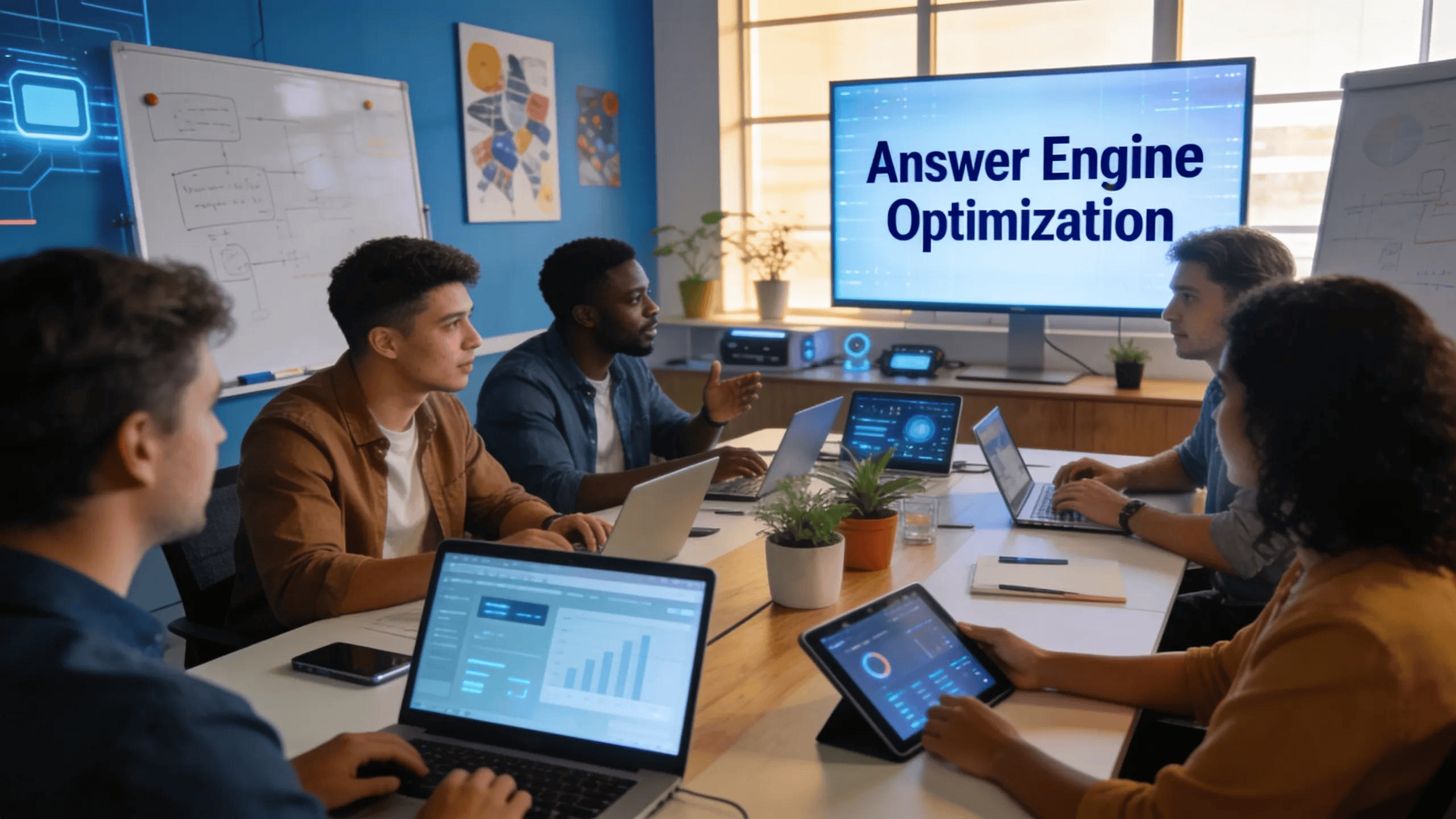 Entrepreneurs collaborating in a modern workspace, focusing on Answer Engine Optimization strategies