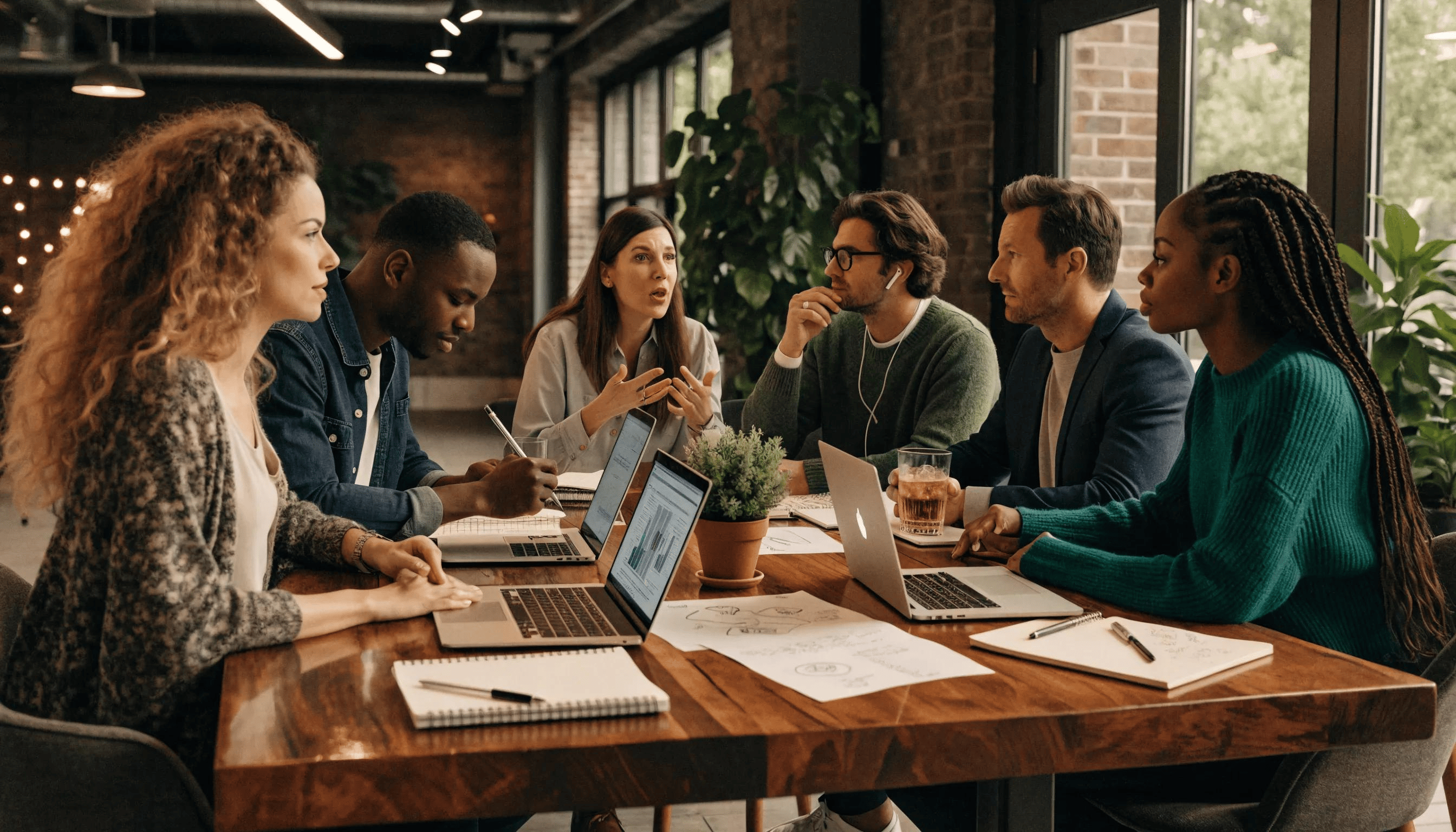 Business professionals collaborating on SEO strategies during a brainstorming session