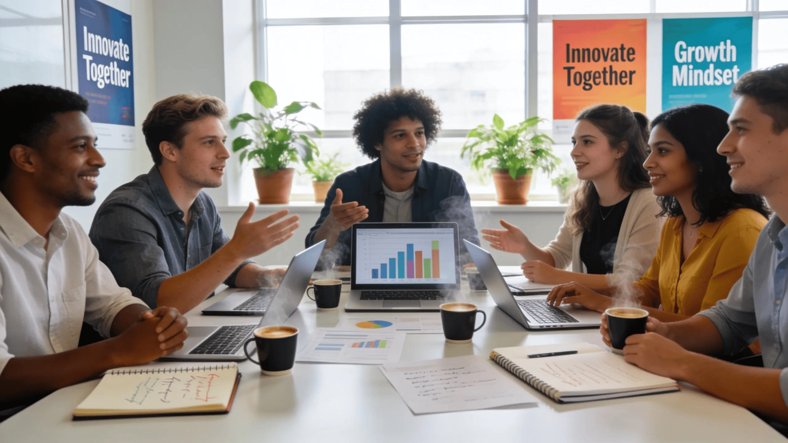 Diverse entrepreneurs collaborating in a modern workspace discussing growth strategies