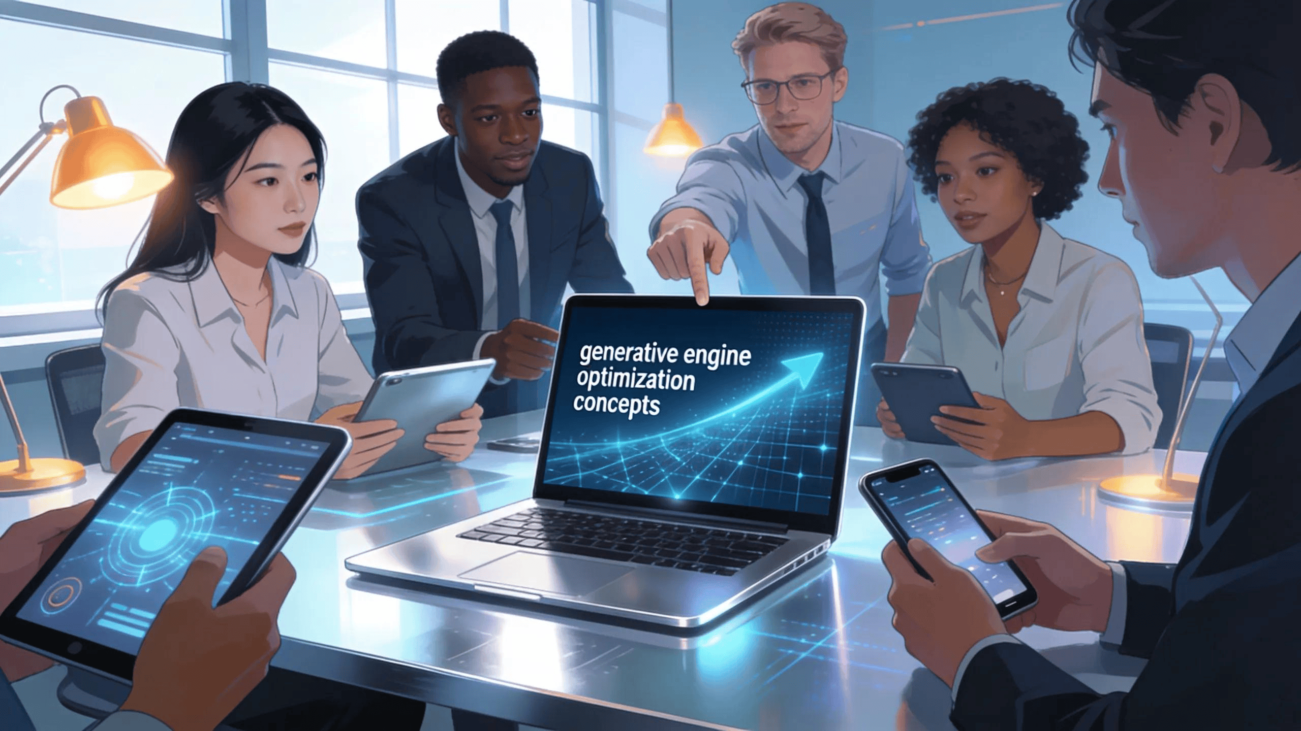 Modern workspace focusing on generative engine optimization with professionals collaborating
