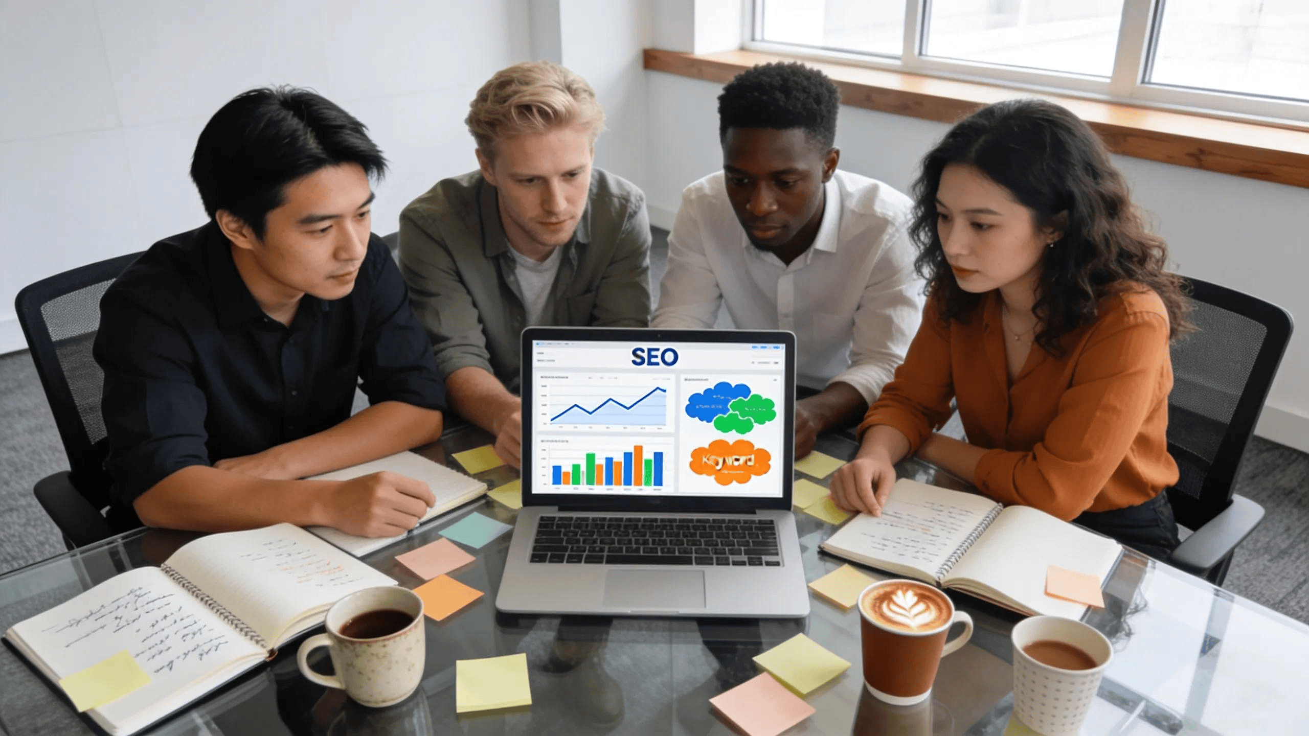Entrepreneurs discussing SEO strategies in a modern office setup