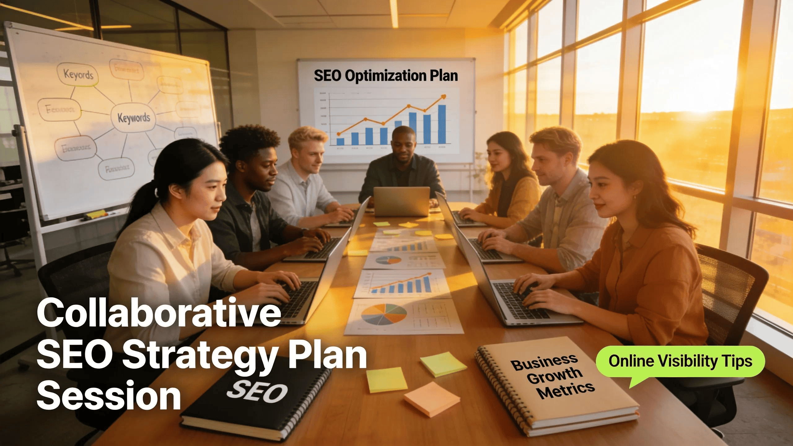 Entrepreneurs collaborating on SEO strategies in a modern workspace