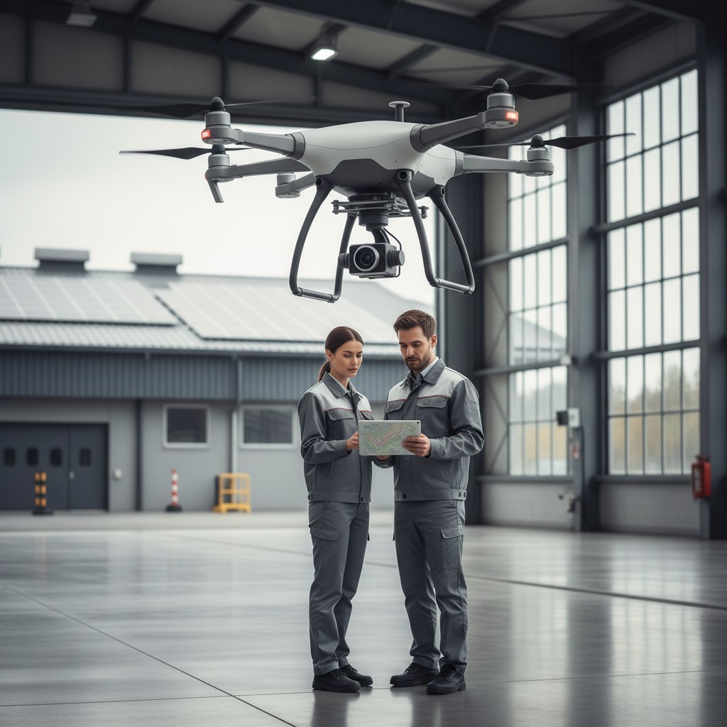 Two workers in matching uniforms stand under a drone, with the woman holding a tablet, standing in a warehouse or aircraft...