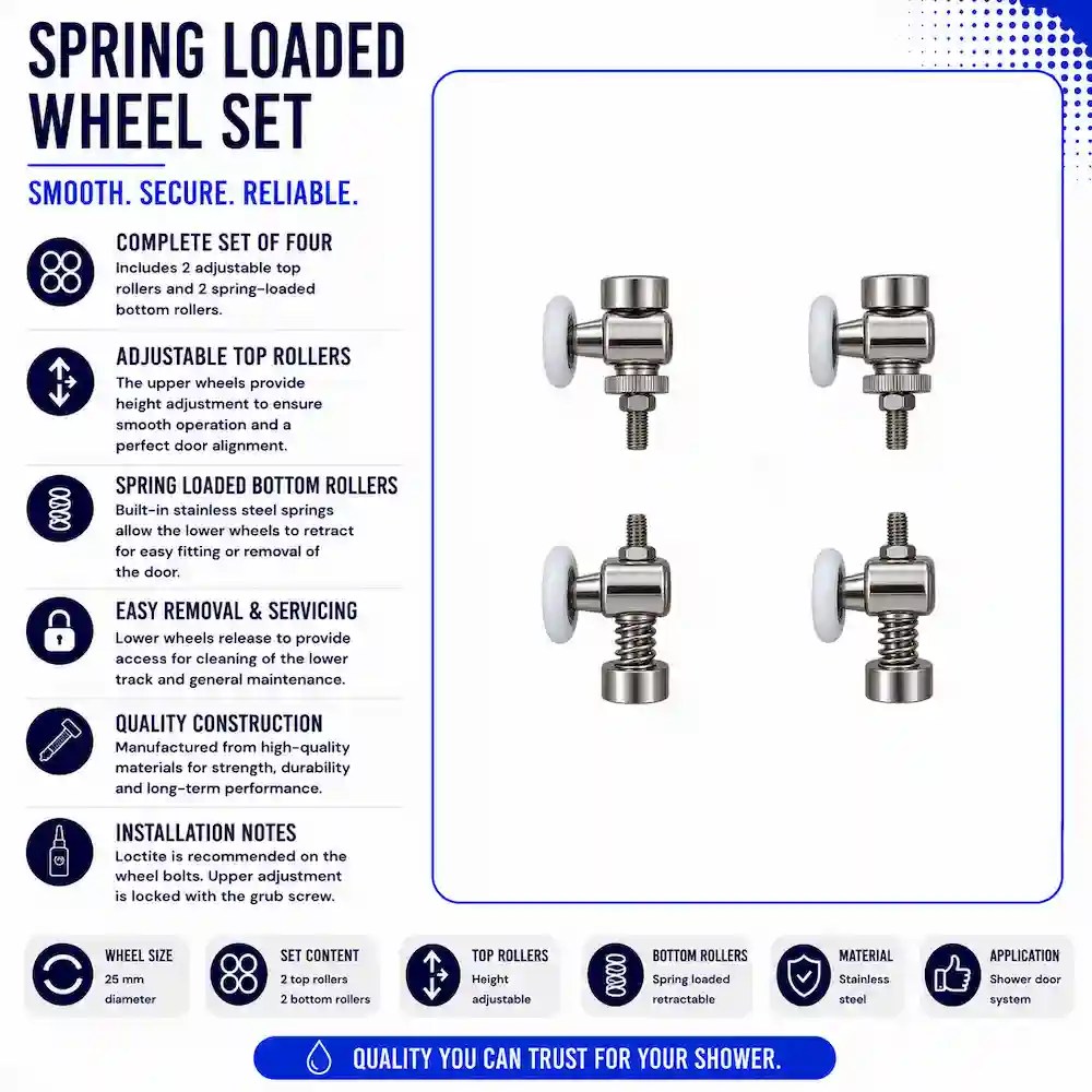 Spring loaded shower door rollers 25mm set of four with two adjustable top rollers and two spring-loaded bottom rollers