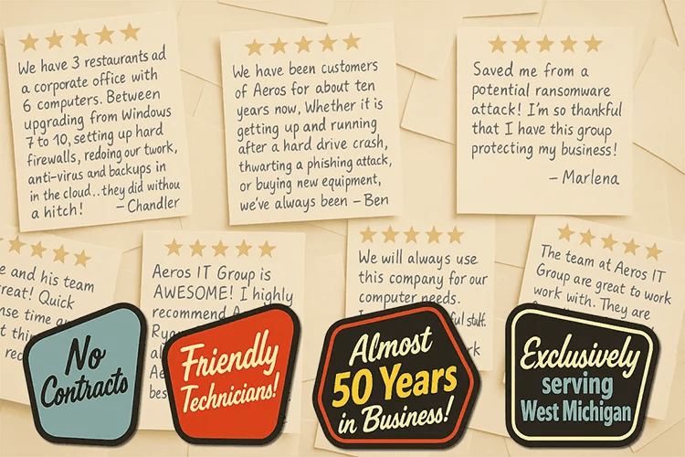 Customer reviews and trust badges showcasing friendly technicians, no contracts, nearly 50 years in business, and service across West Michigan.