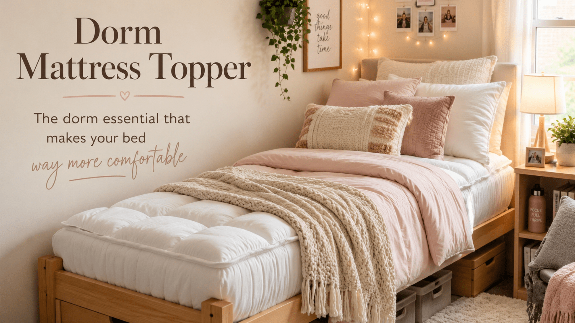 Cozy Twin XL dorm bed with plush layered bedding, soft pillows, and a dorm mattress topper for a more comfortable college bed.