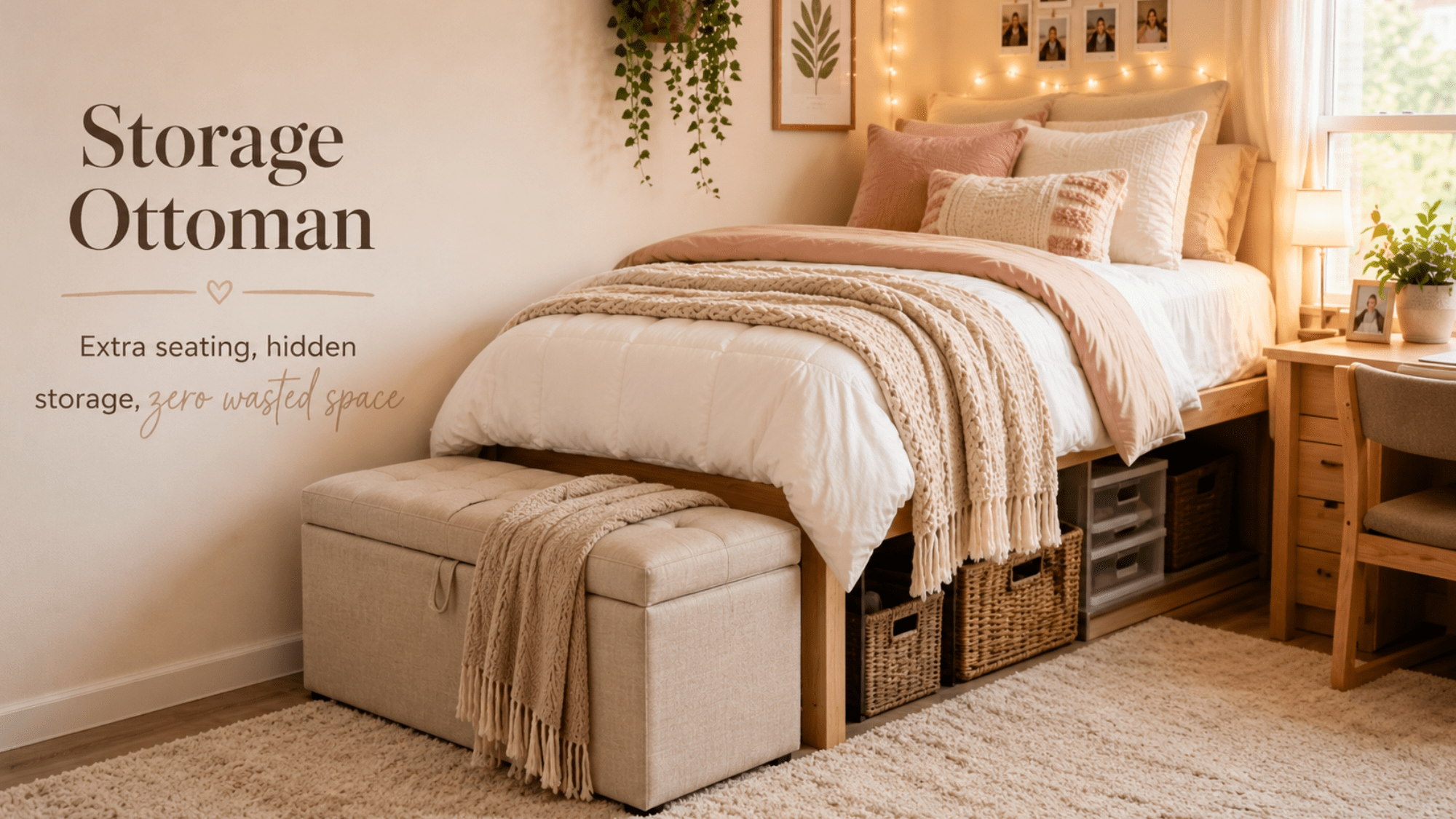 Cozy college dorm room with a storage ottoman, soft bedding, area rug, and hidden storage for small spaces.