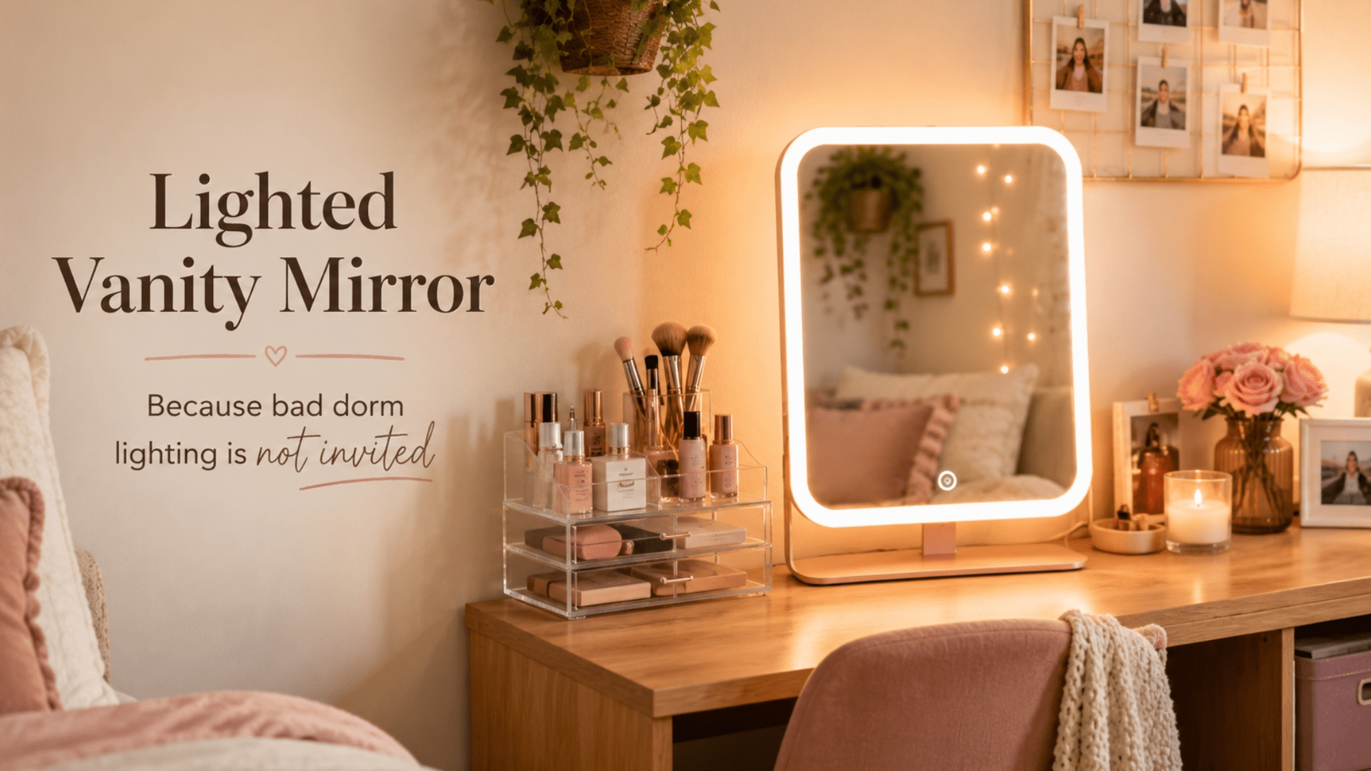 Dorm vanity setup with a glowing lighted mirror, makeup organizer, blush accents, and soft feminine decor.