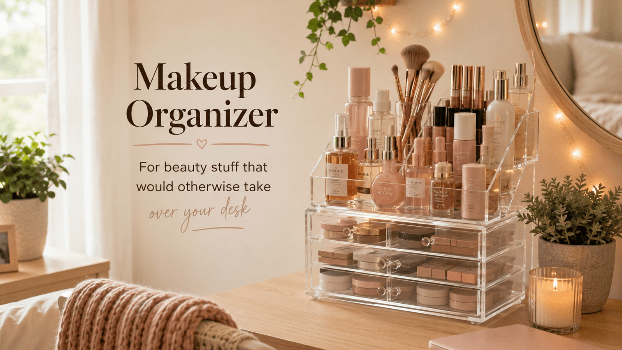 Dorm desk or vanity with a makeup organizer holding skincare, brushes, perfume, and beauty products.