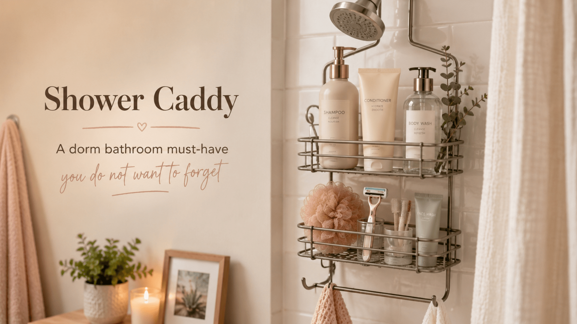 Dorm shower caddy filled with shampoo, body wash, toiletries, and bathroom essentials for college students.
