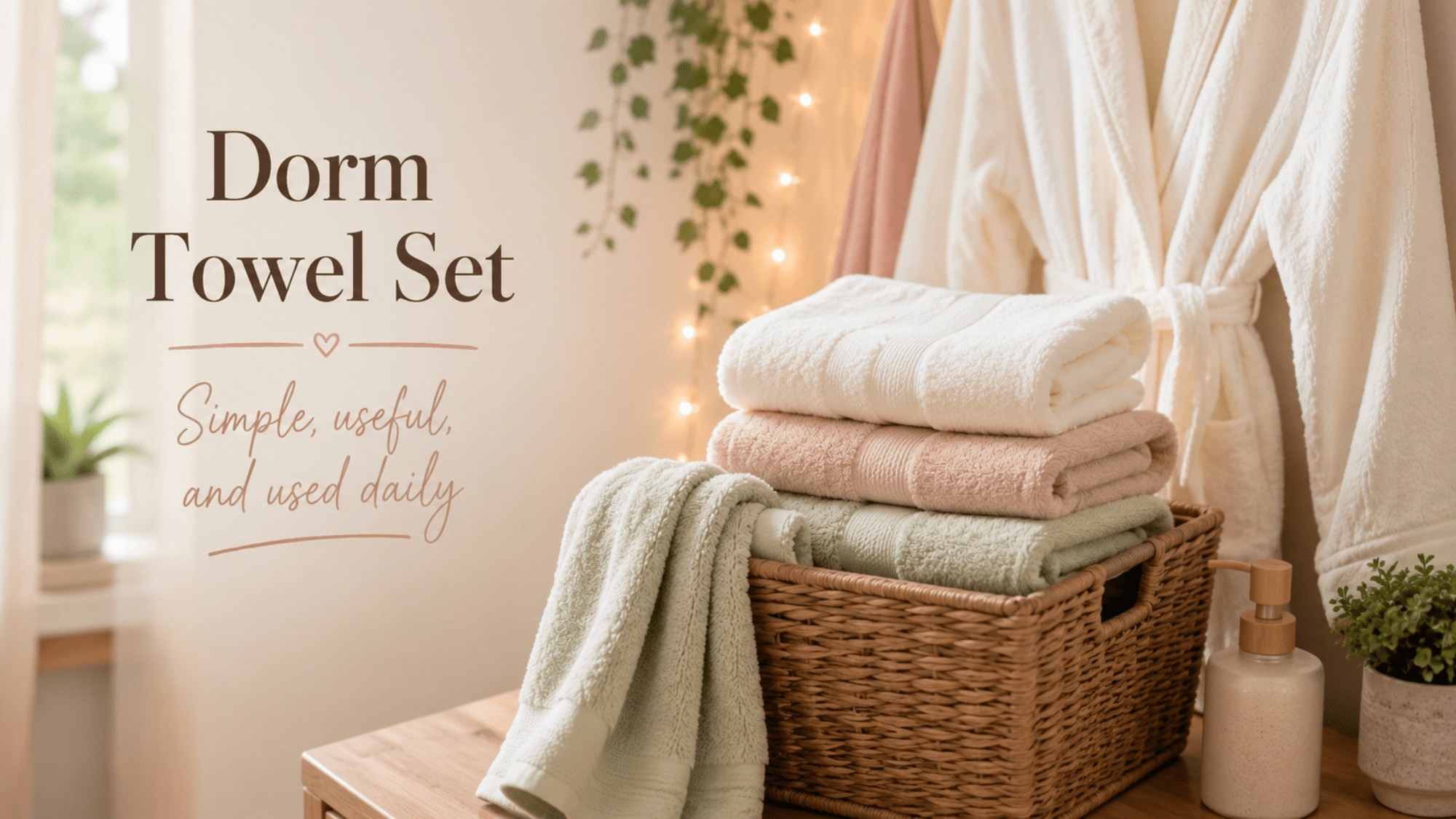 Soft dorm towel set folded in a bathroom basket with cozy college room decor and clean neutral styling.